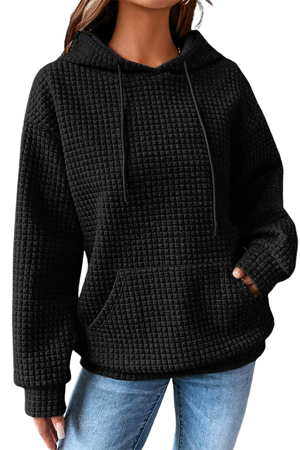 Black Quilted Kangaroo Pocket Drawstring Hoodie