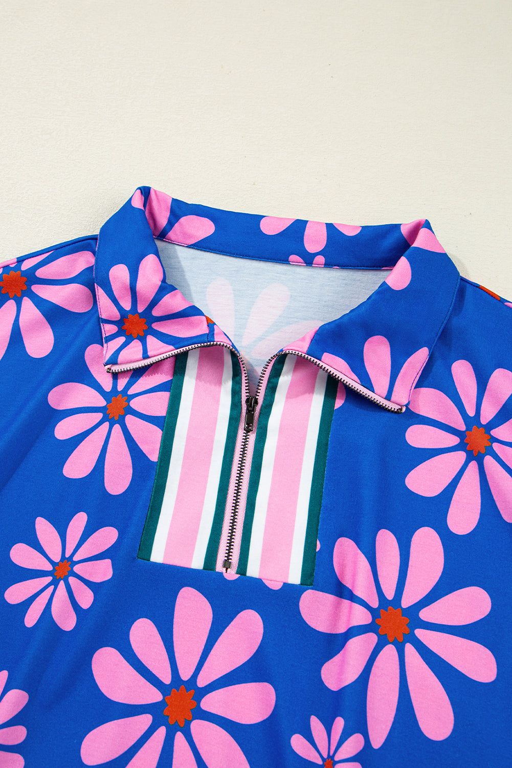 Purple Floral Striped Quarter Zip Cap Sleeve Drawstring Waist Dress