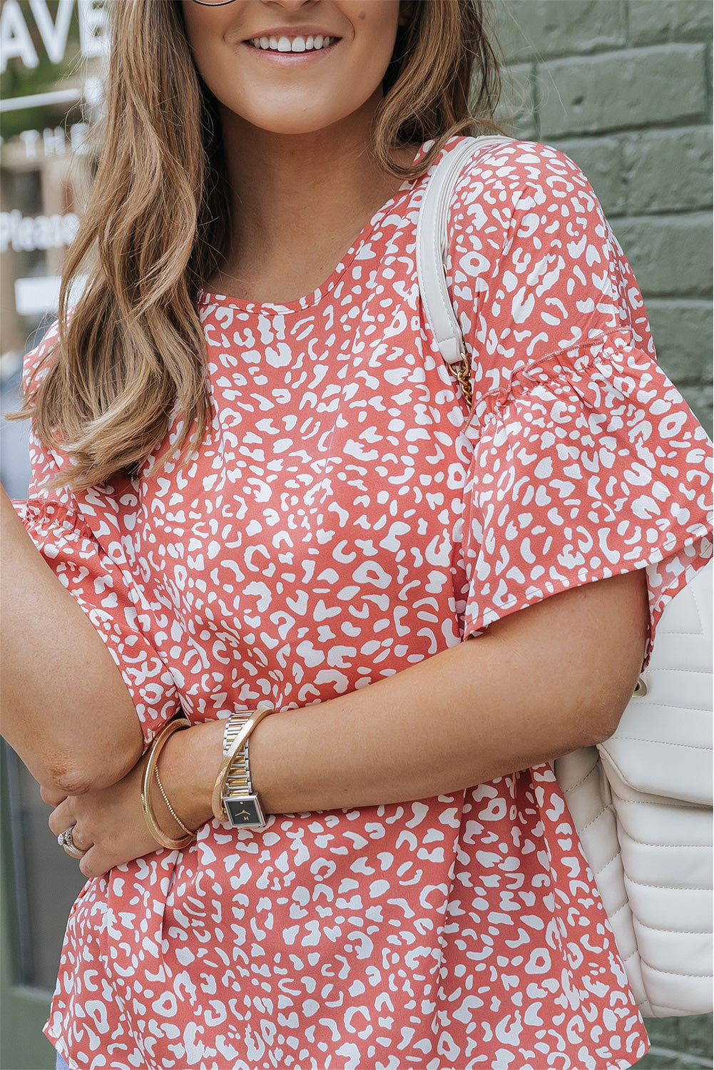 Pink Leopard Spotted Ruffle Sleeve Blouse