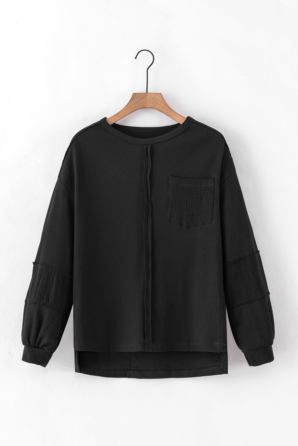 Black Exposed Seam Patchwork Bubble Sleeve Waffle Knit Top