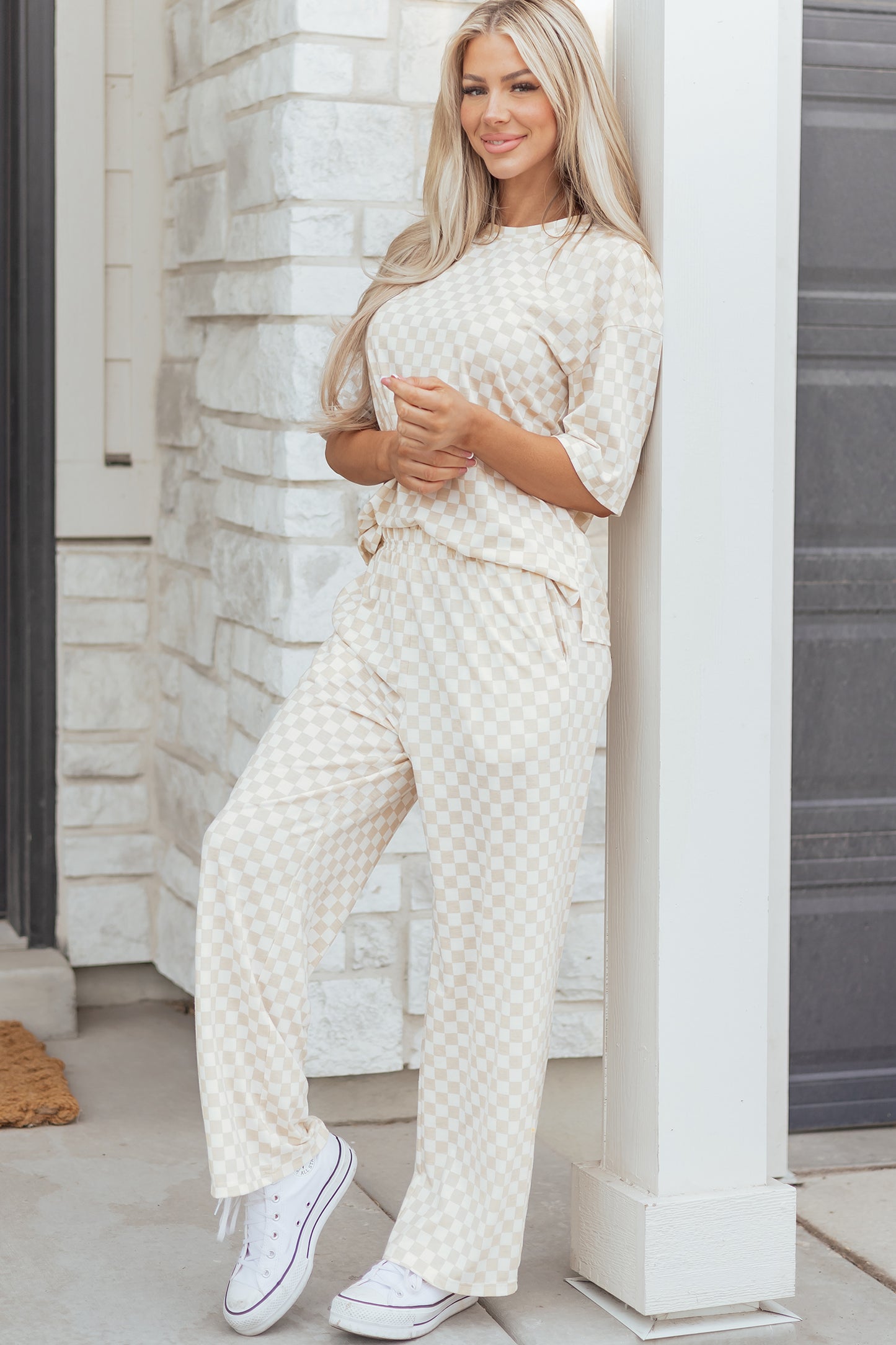 Lavendar Lane Clothing khaki checkered print half sleeve tee and lounge pant set, comfortable loungewear and sleepwear for relaxing.