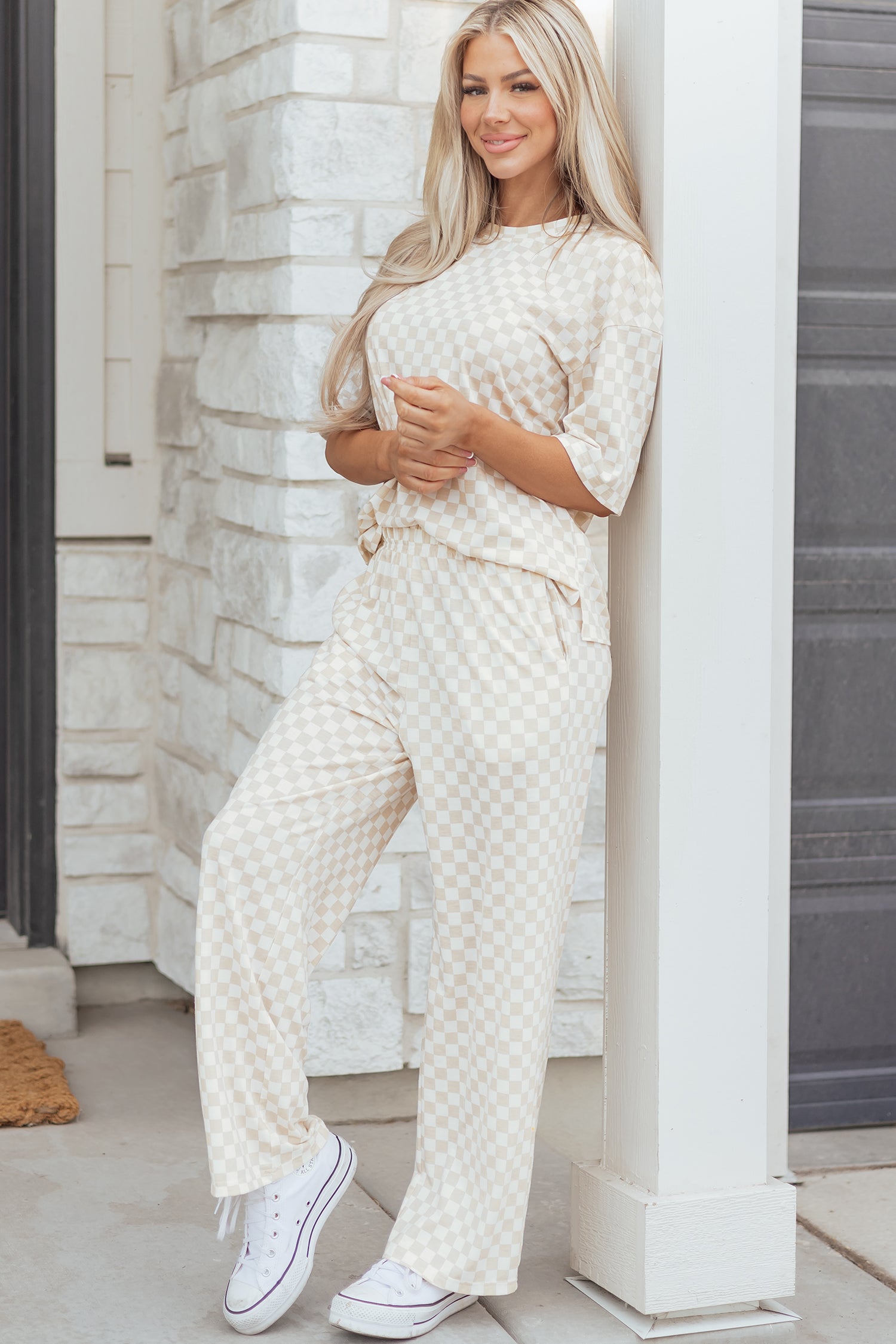 Lavendar Lane Clothing khaki checkered print half sleeve tee and lounge pant set, comfortable loungewear and sleepwear for relaxing.