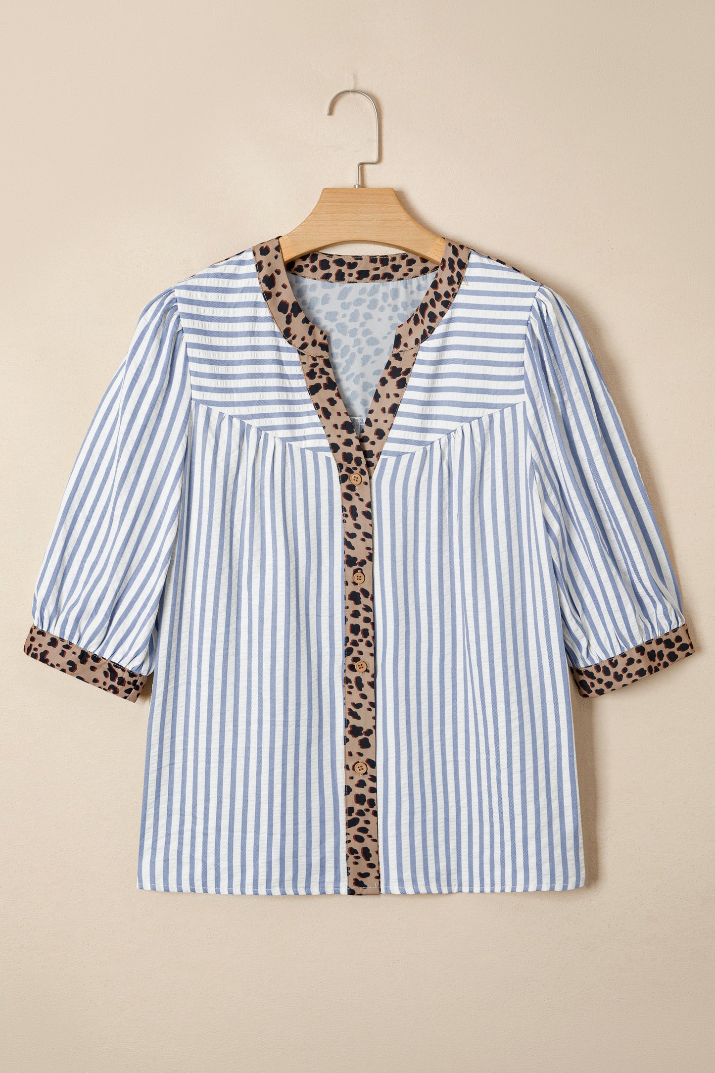 Sky blue striped blouse with leopard trim, V-neck, button-down, half sleeves, by Lavender Lane Clothing.