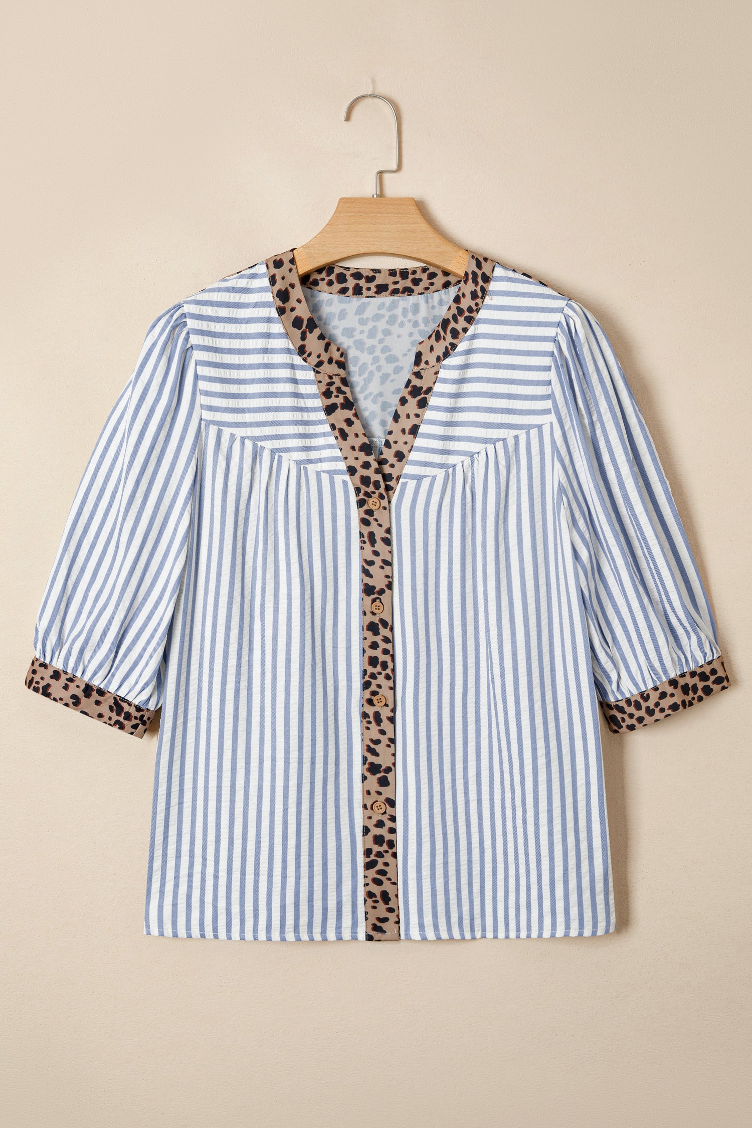 Sky blue striped blouse with leopard trim, V-neck, button-down, half sleeves, by Lavender Lane Clothing.