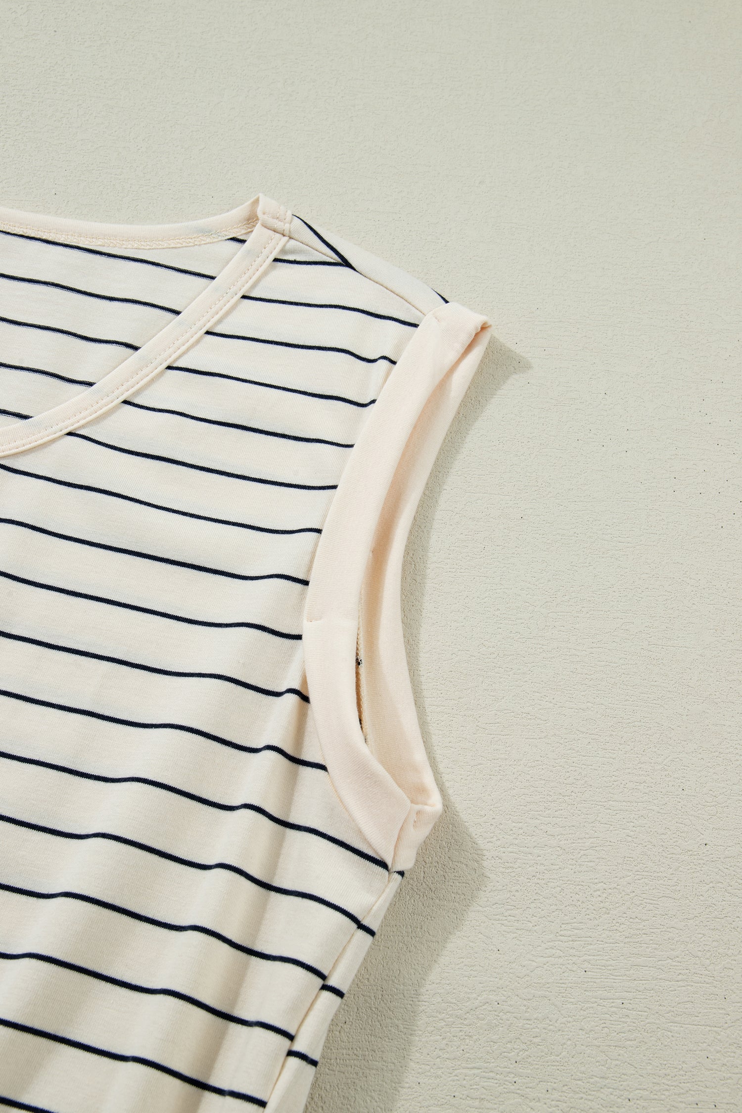 Beige stripe drawstring tunic mini dress with pockets from Lavendar Lane Clothing, casual sleeveless dress with a relaxed fit.