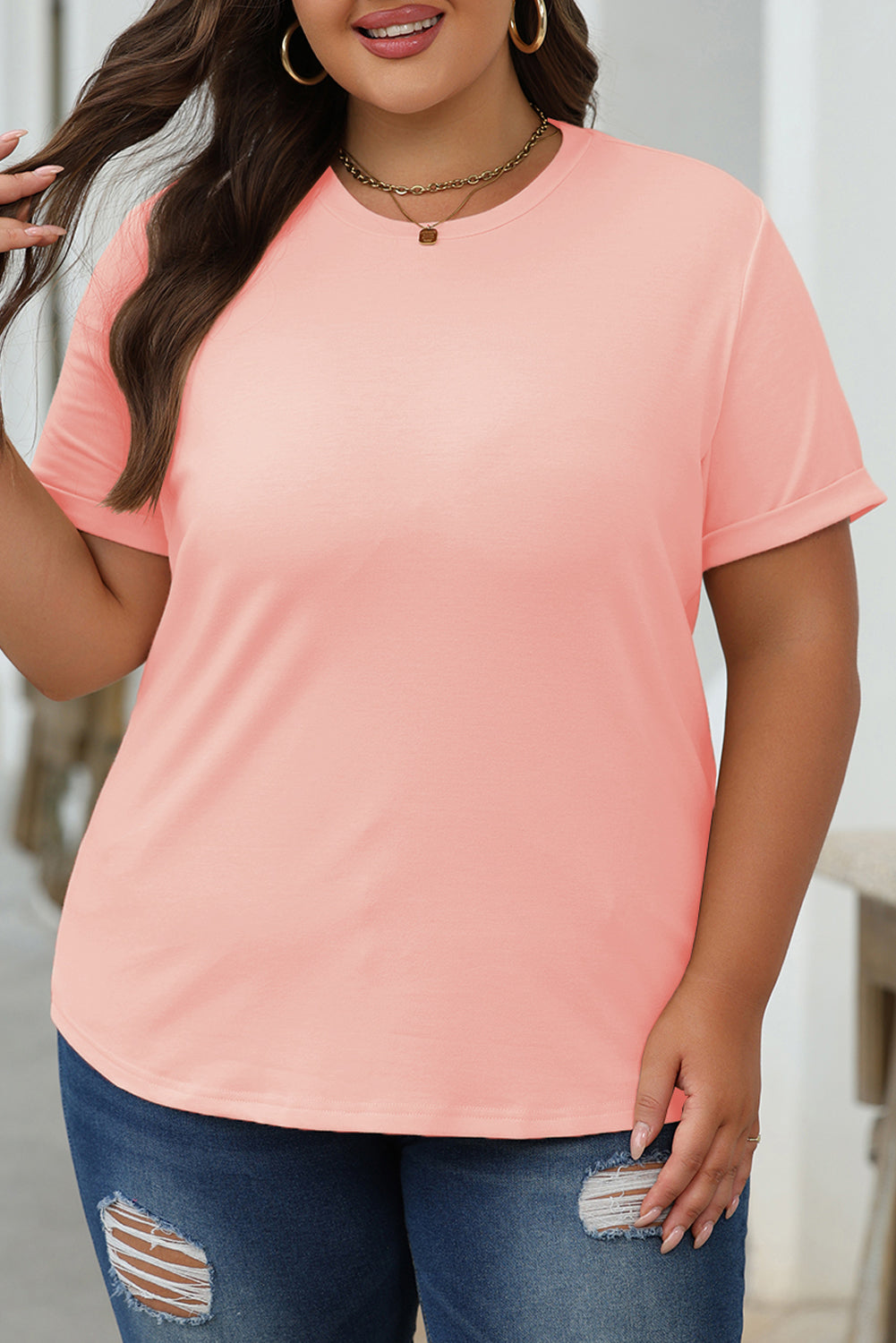 Pink Casual Plain Crew Neck Top