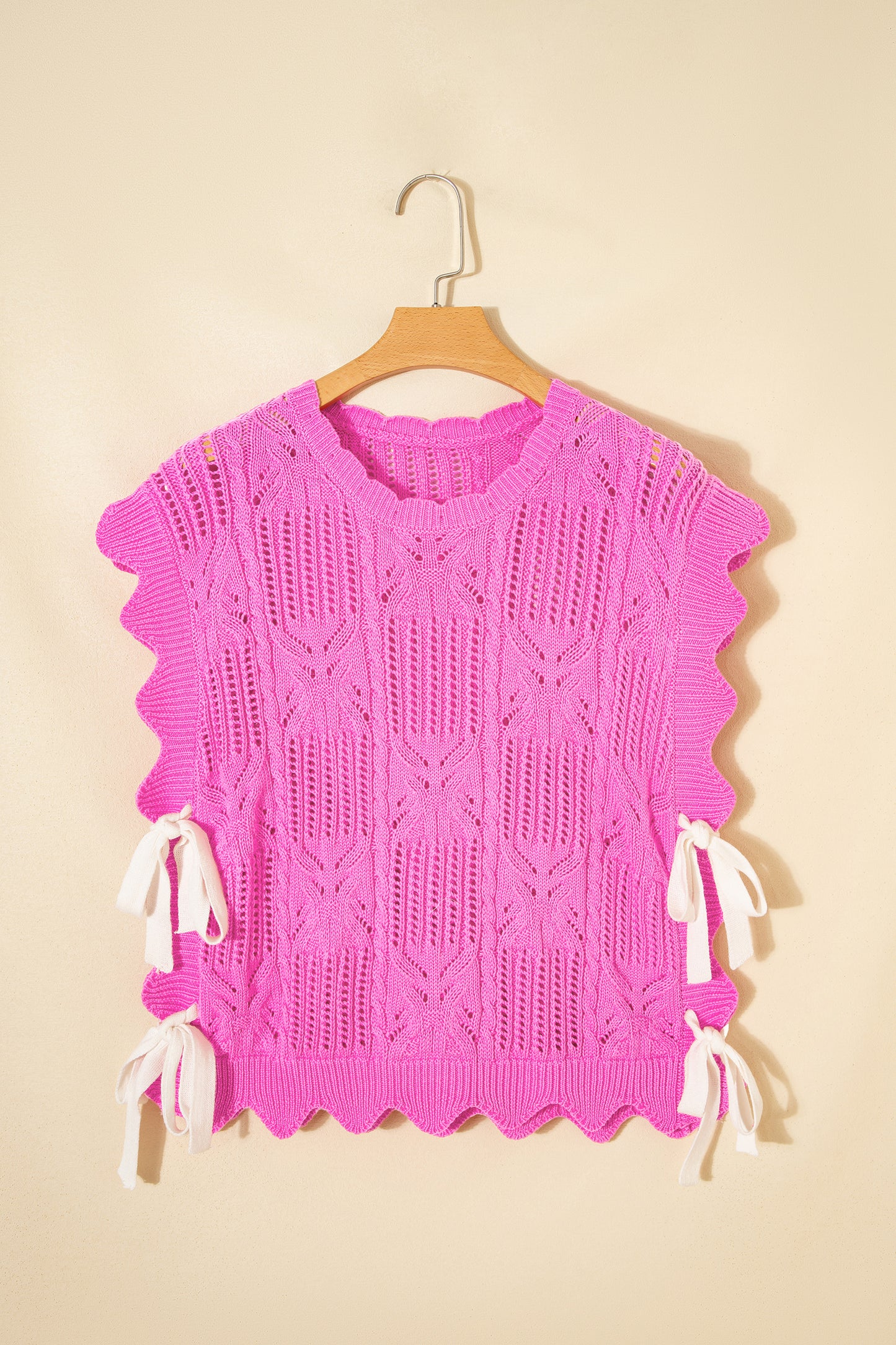 Lavendar Lane Clothing short sleeve sweater with pointelle knit pattern and scalloped trim, stylish and lightweight for warm weather.