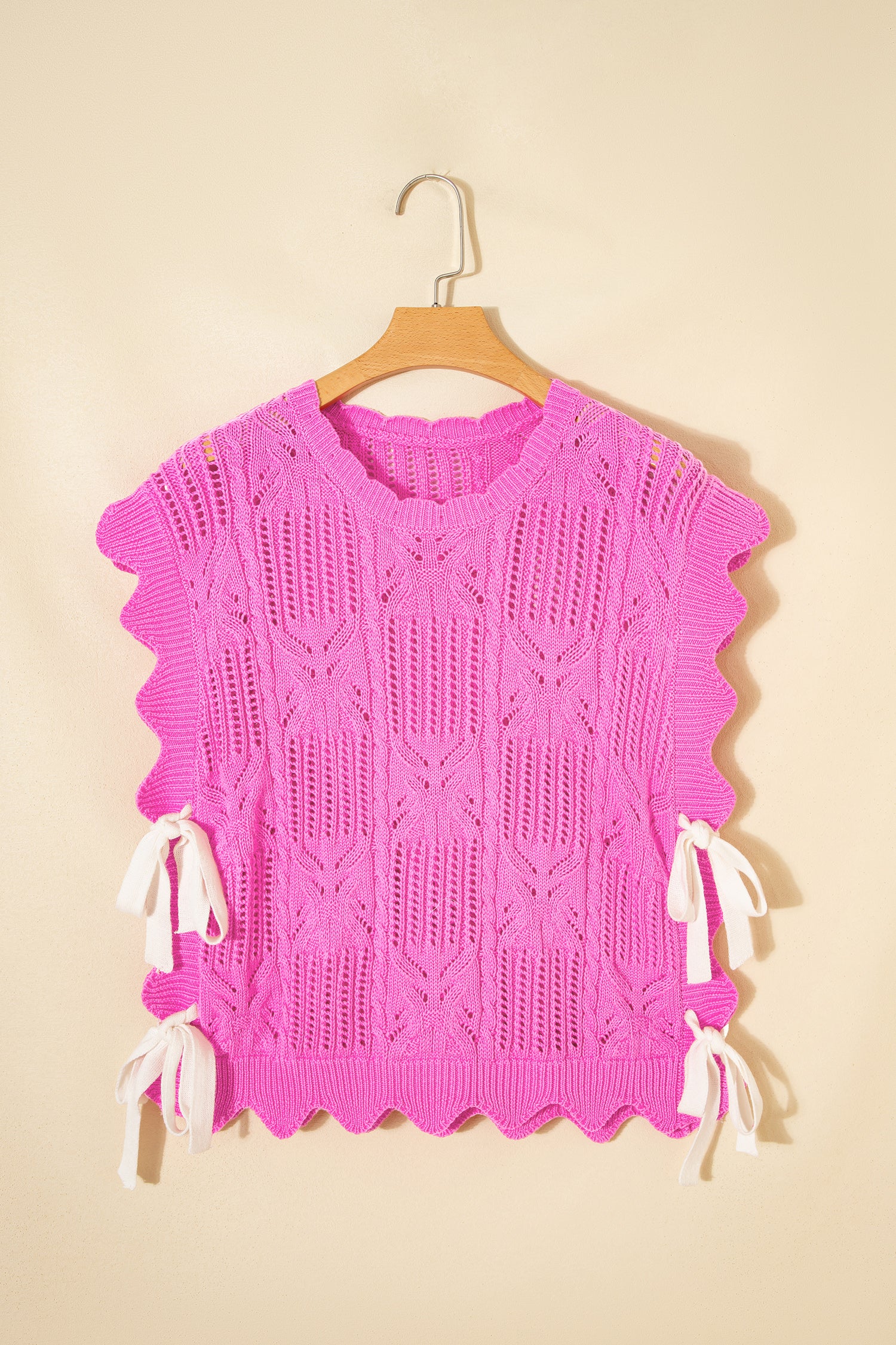 Lavendar Lane Clothing short sleeve sweater with pointelle knit pattern and scalloped trim, stylish and lightweight for warm weather.