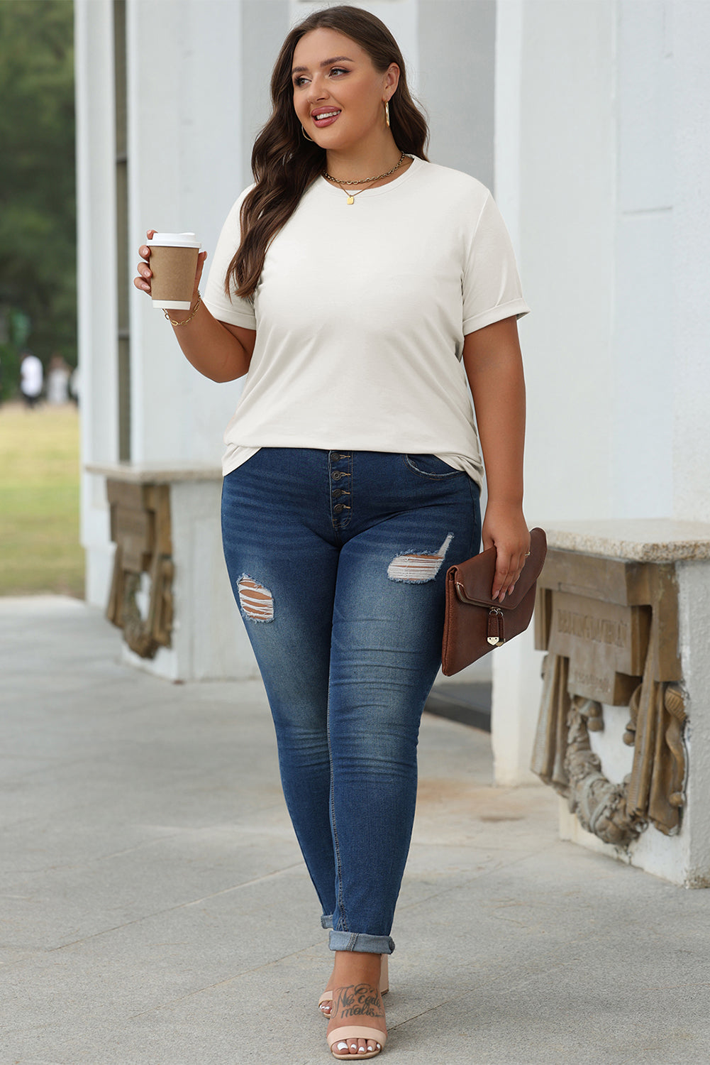 White Casual Plain Crew Neck Top