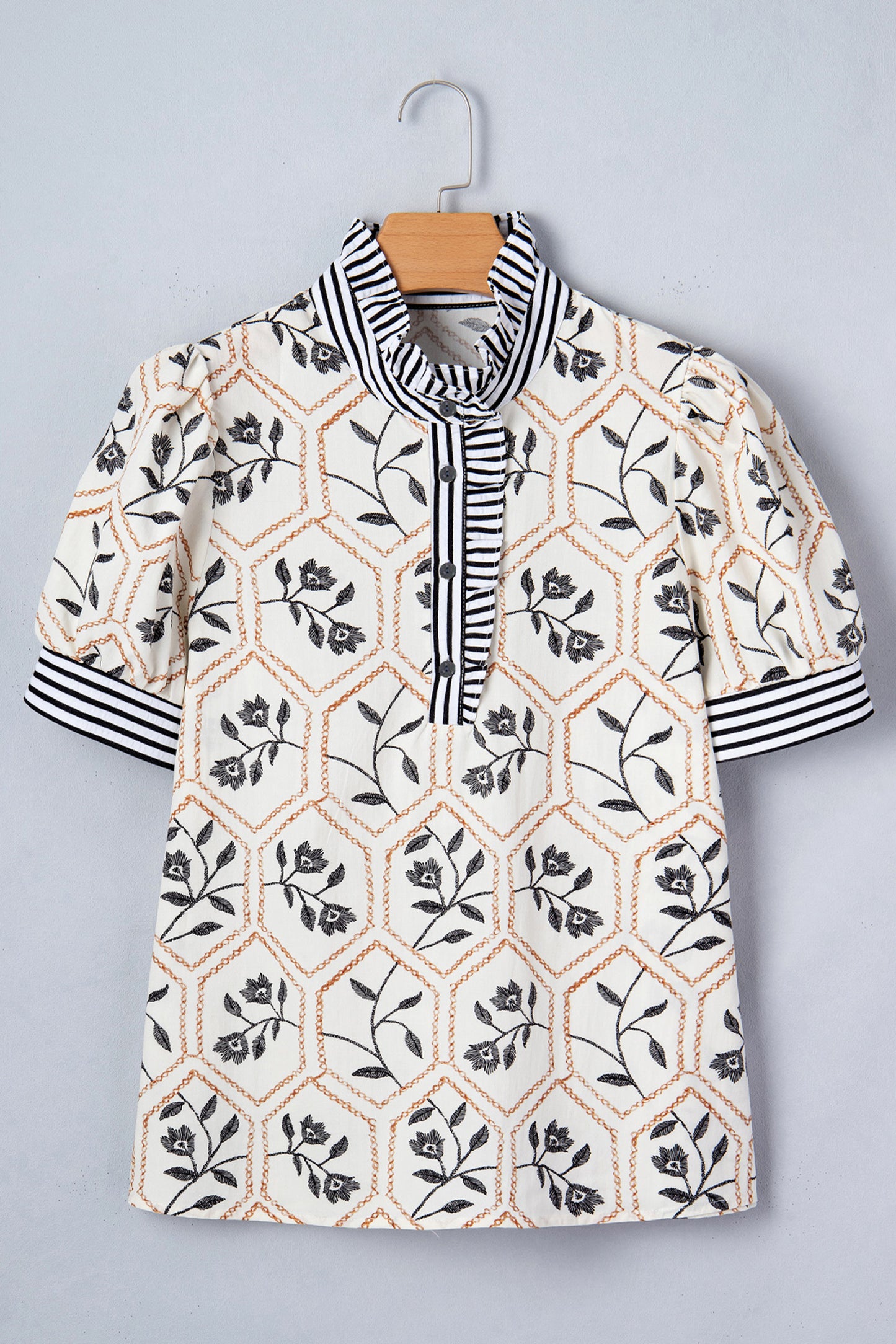 White floral print striped patchwork blouse with button neck and short sleeves from Lavendar Lane Clothing.