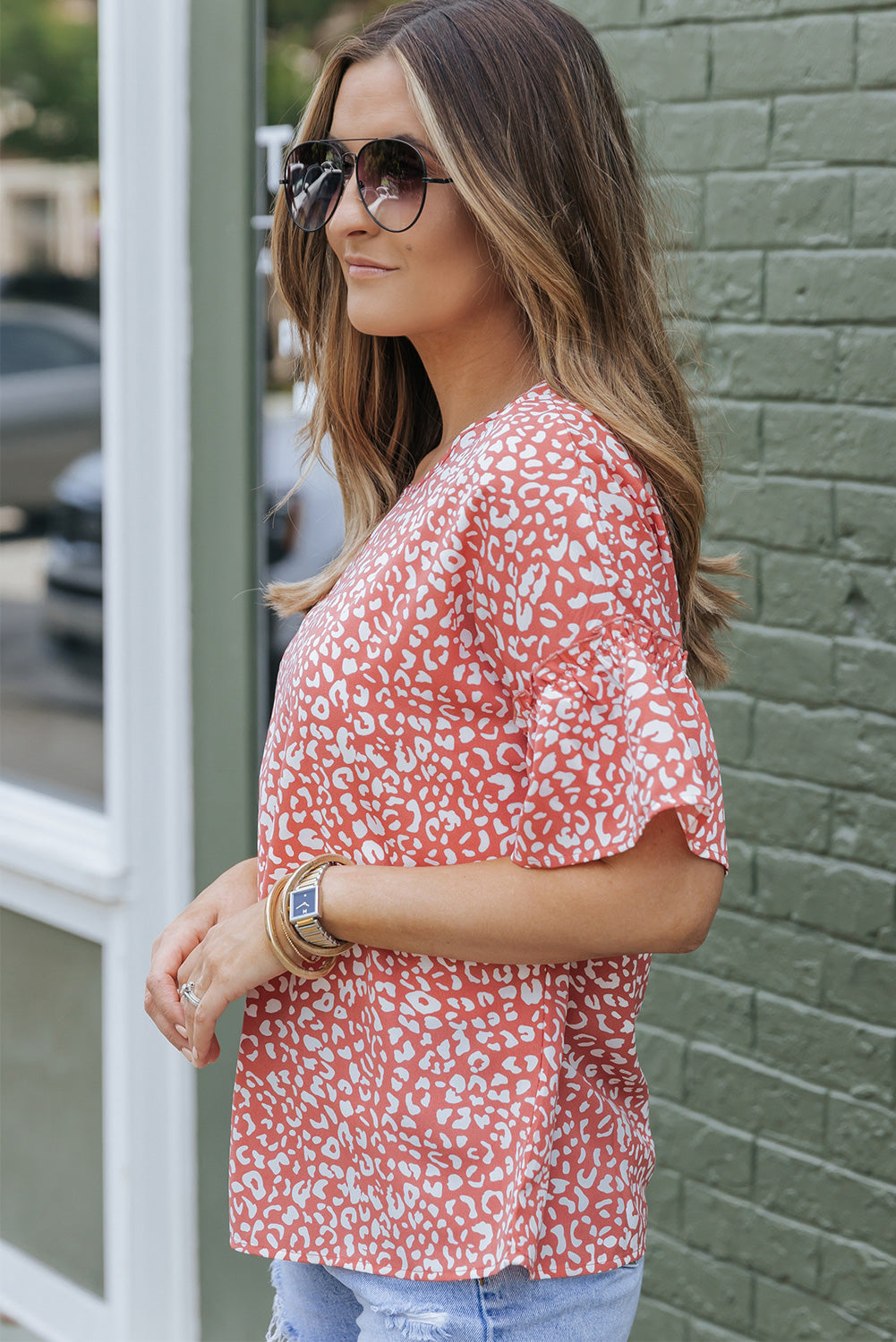 Pink Leopard Spotted Ruffle Sleeve Blouse