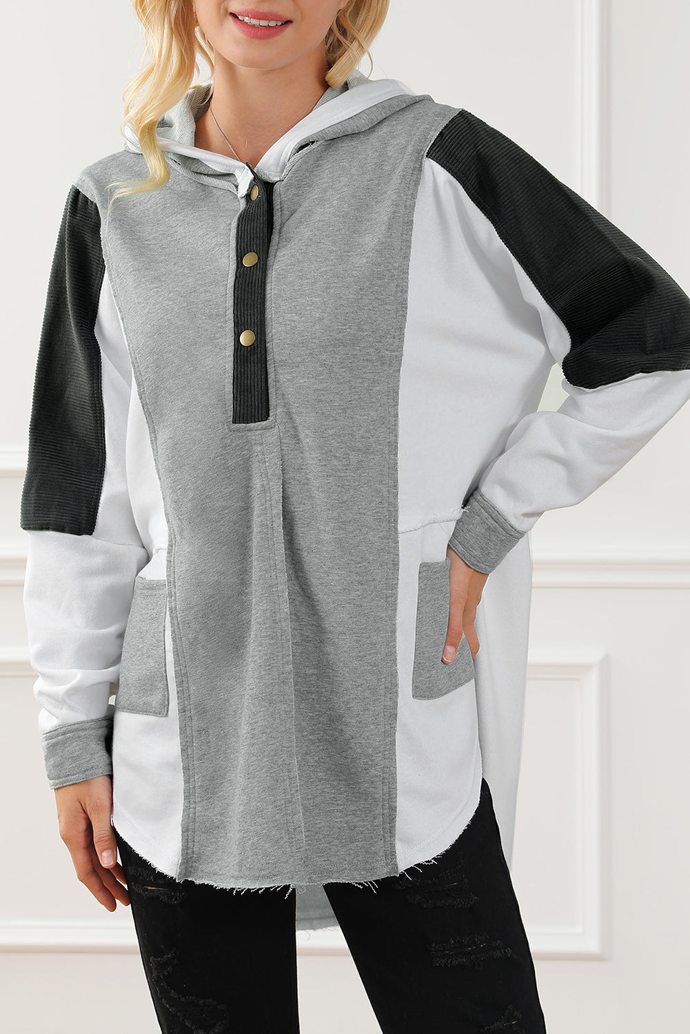 Gray Color Block Exposed Seam Buttoned Neckline Hoodie