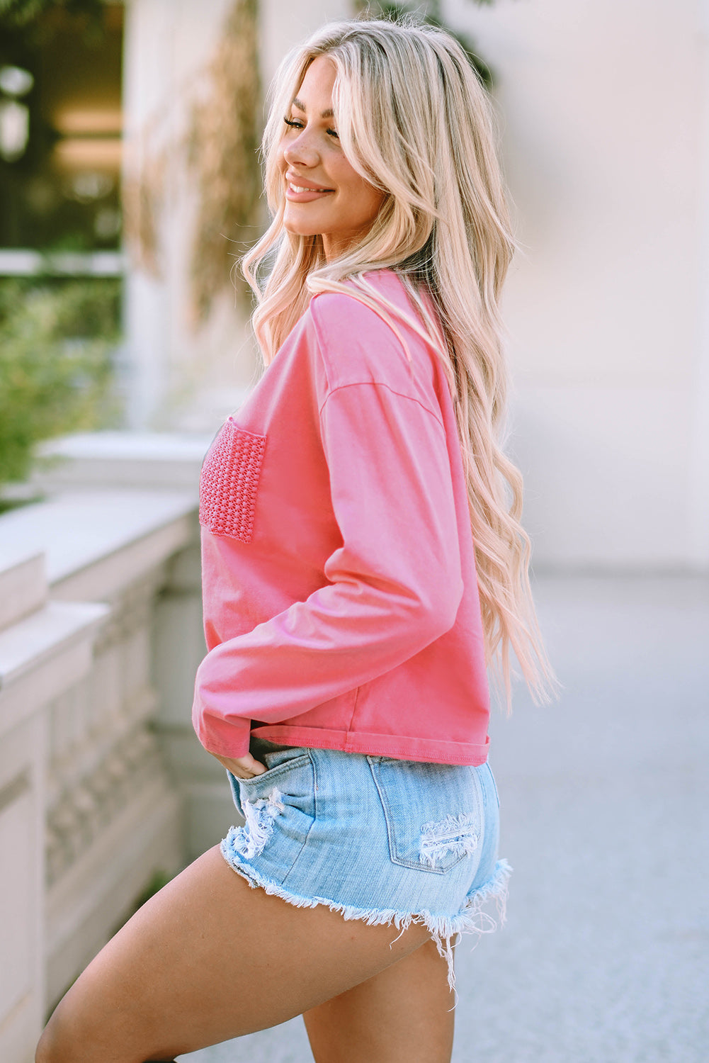 Pink Lace Patch Pocket Long Sleeve Top