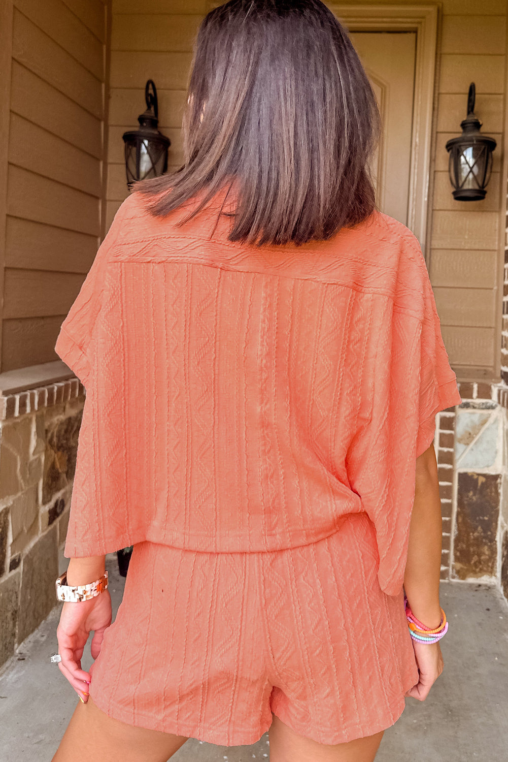 Lavendar Lane Clothing pale chestnut textured short sleeve top with patched pockets and matching drawstring shorts set.