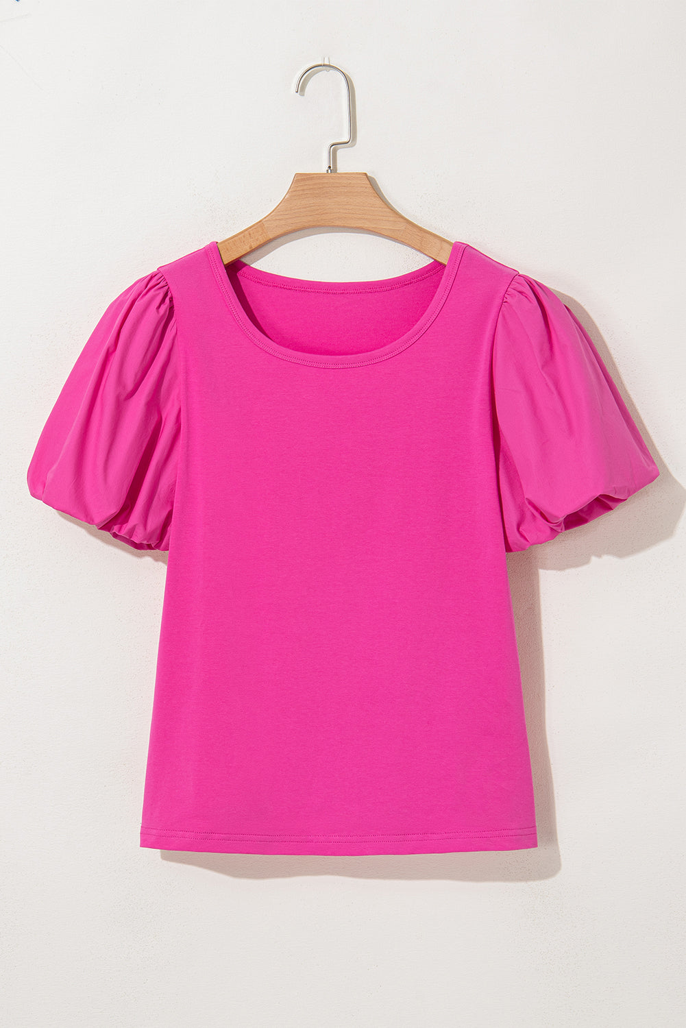 Strawberry Pink Casual Round Neck Bubble Sleeve Top