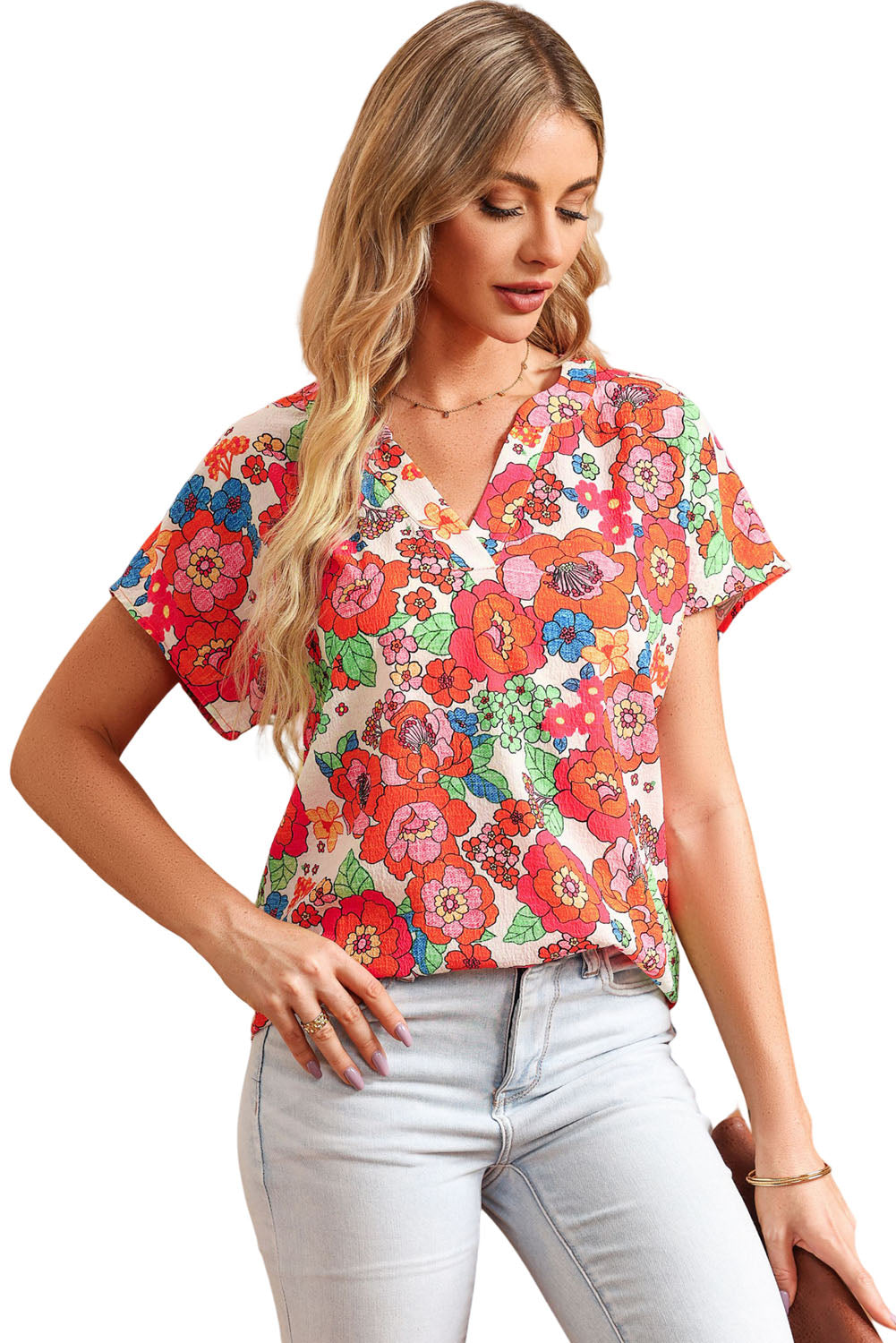 Fiery Red Floral Split Neck Top