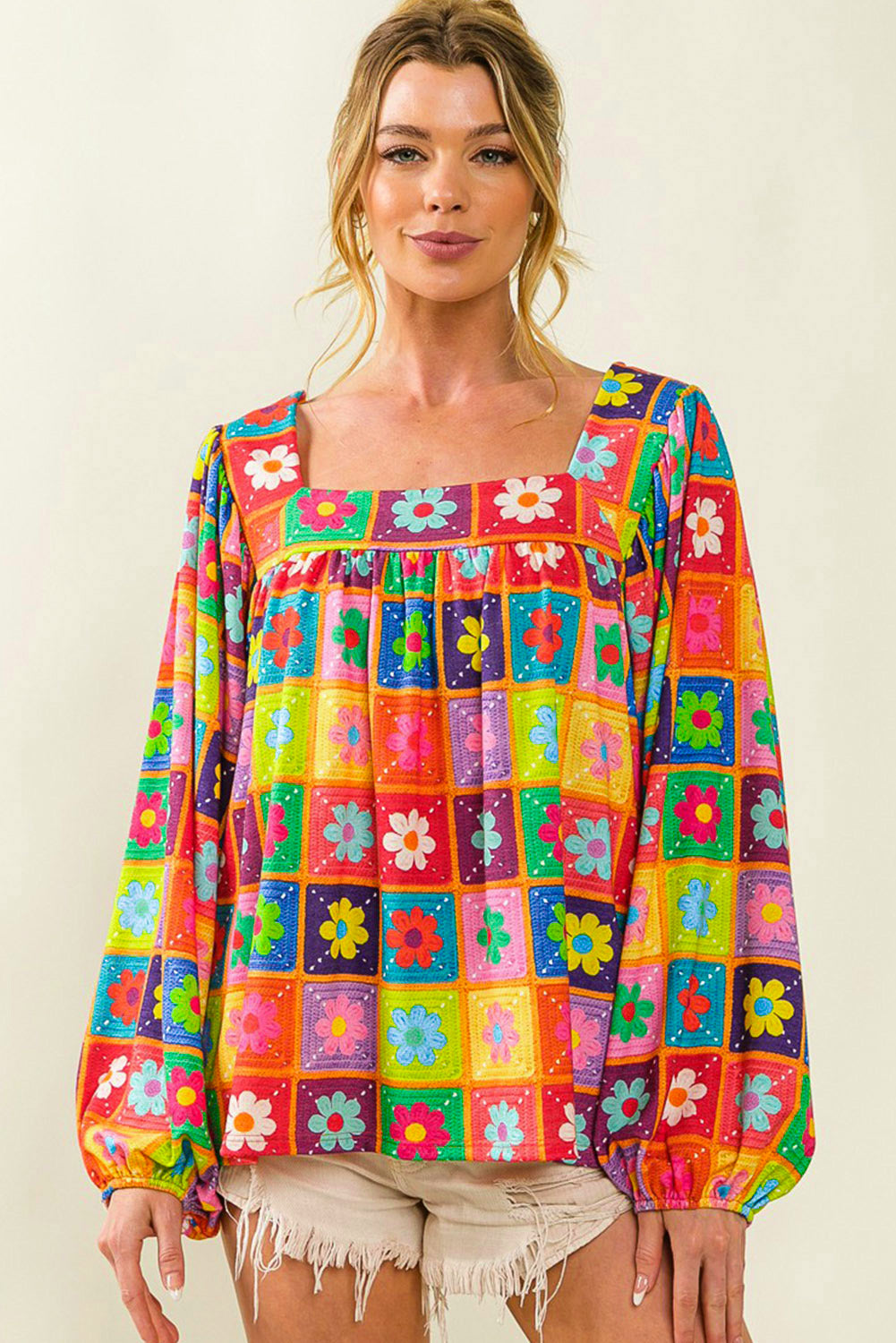 Multicolor Floral Crochet Square Neck Puff Sleeve Blouse