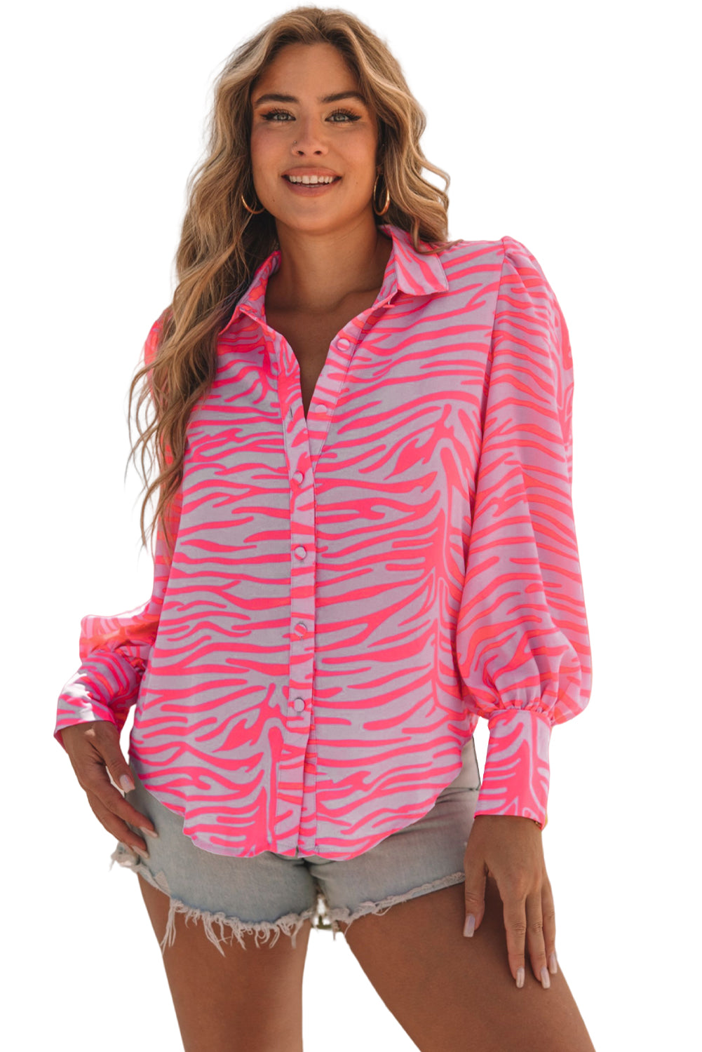 Pink Zebra Stripes Print Lantern Sleeve Shirt