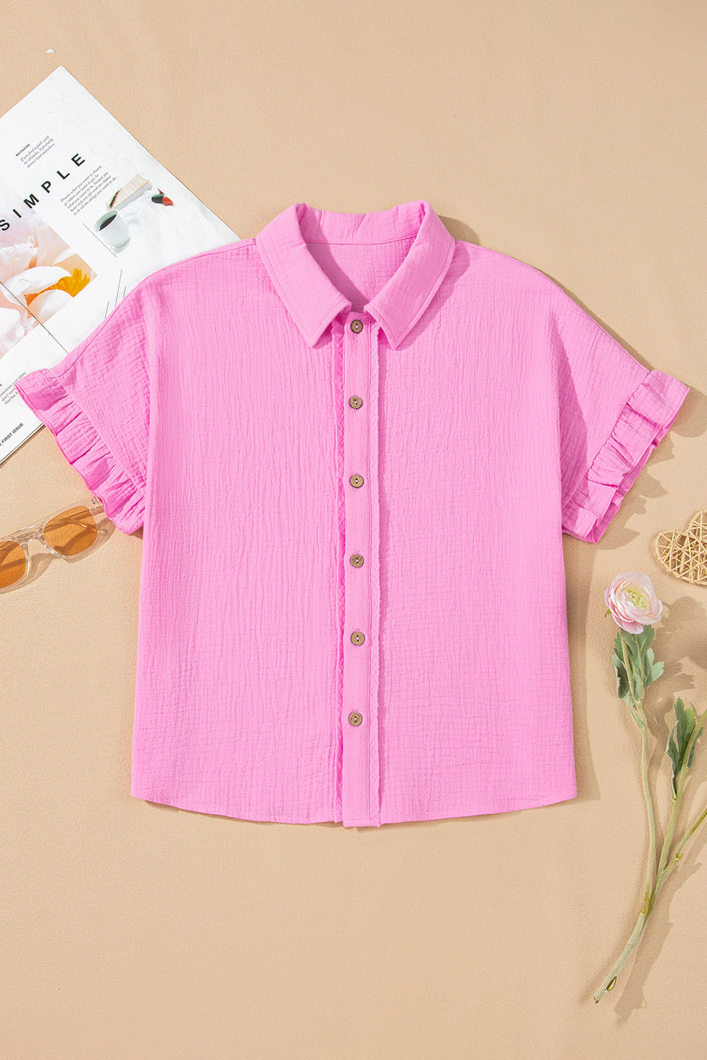 Bonbon Mineral Wash Textured Ruffle Trim Short Sleeve Top