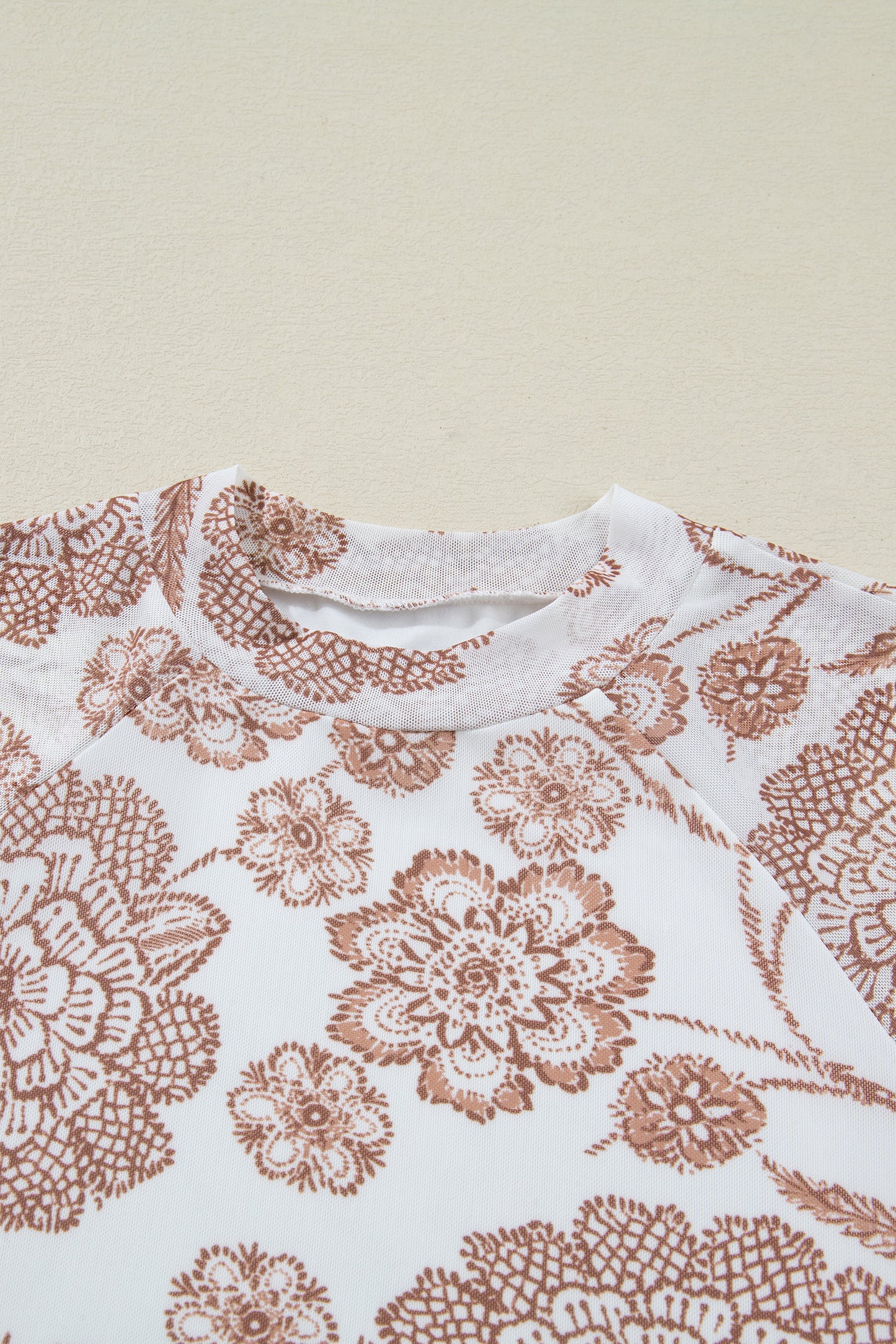 Brown Thumbhole Long Sleeve Floral Print Mesh Top