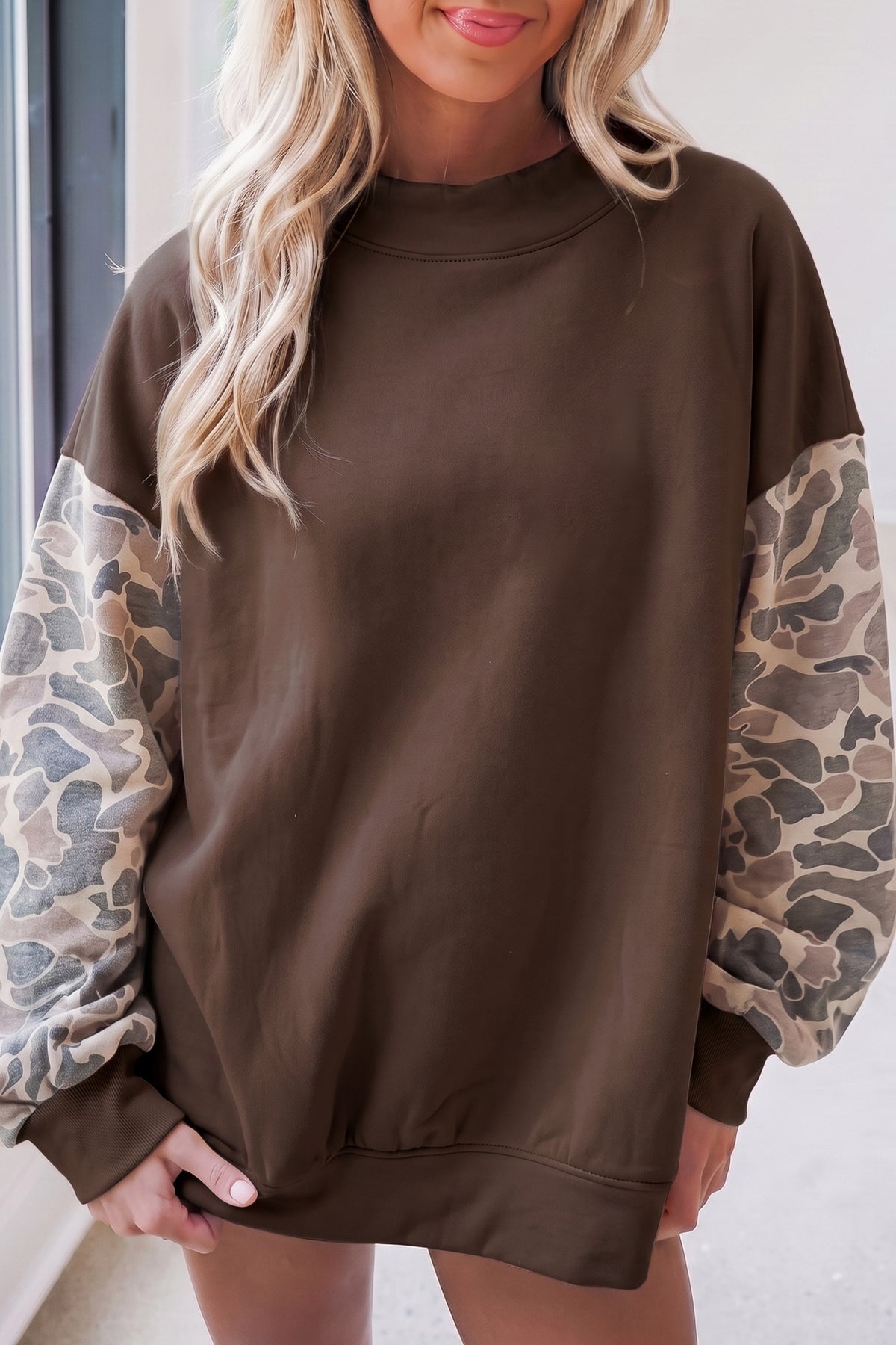 Beige Camouflage Sleeve Crewneck Baggy Pullover Sweatshirt