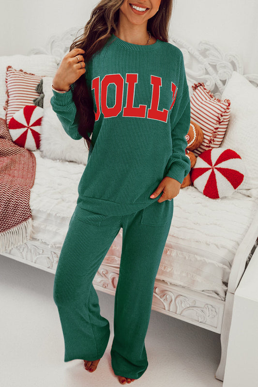 JOLLY Corded Long Sleeve Top and Pockets Pants Set-Green or Red