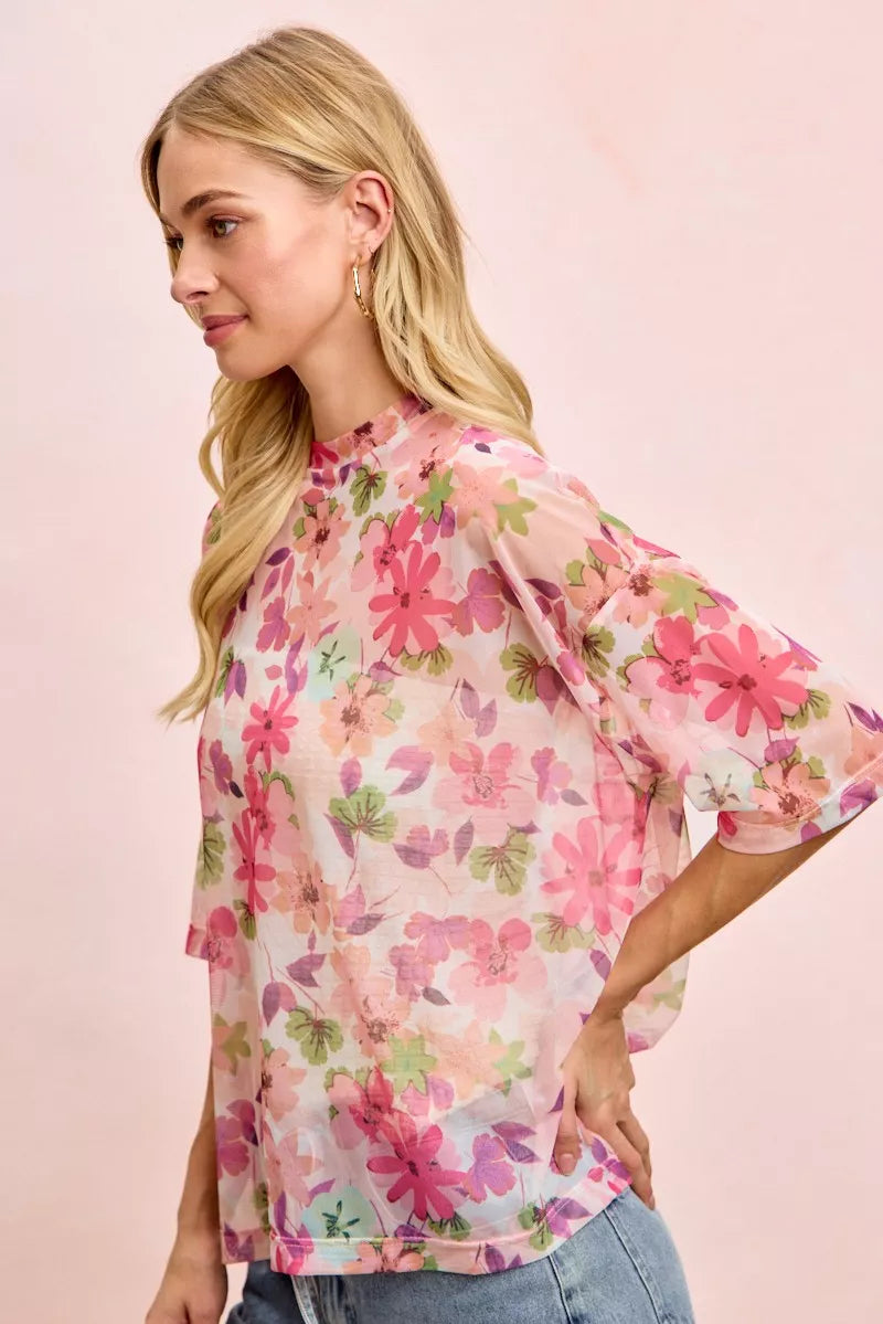 Lavendar Lane Clothing floral print short sleeve mesh blouse, boxy fit, lightweight and breathable, perfect for casual or summer wear.