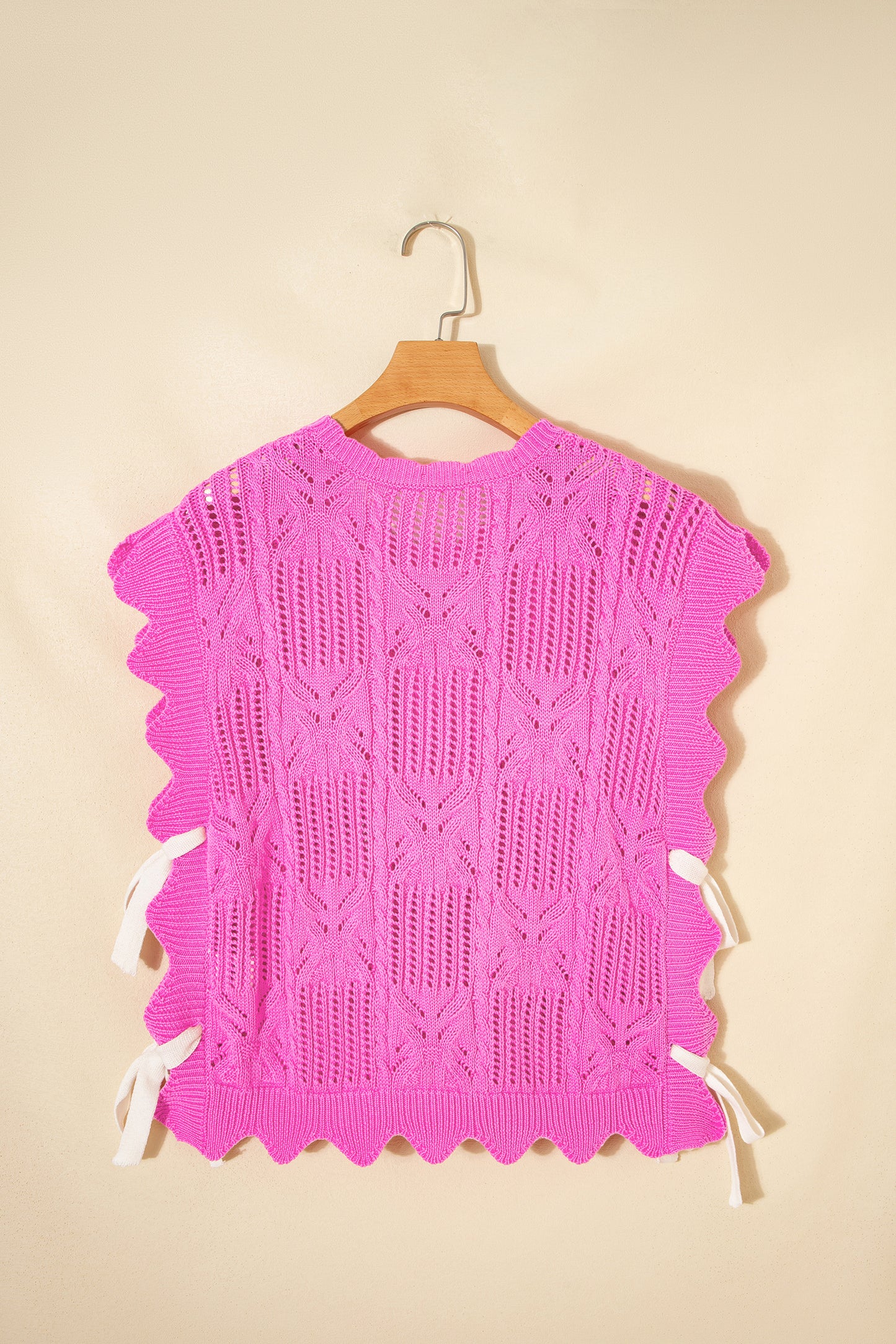 Lavendar Lane Clothing short sleeve sweater with pointelle knit pattern and scalloped trim, stylish and lightweight for casual wear.