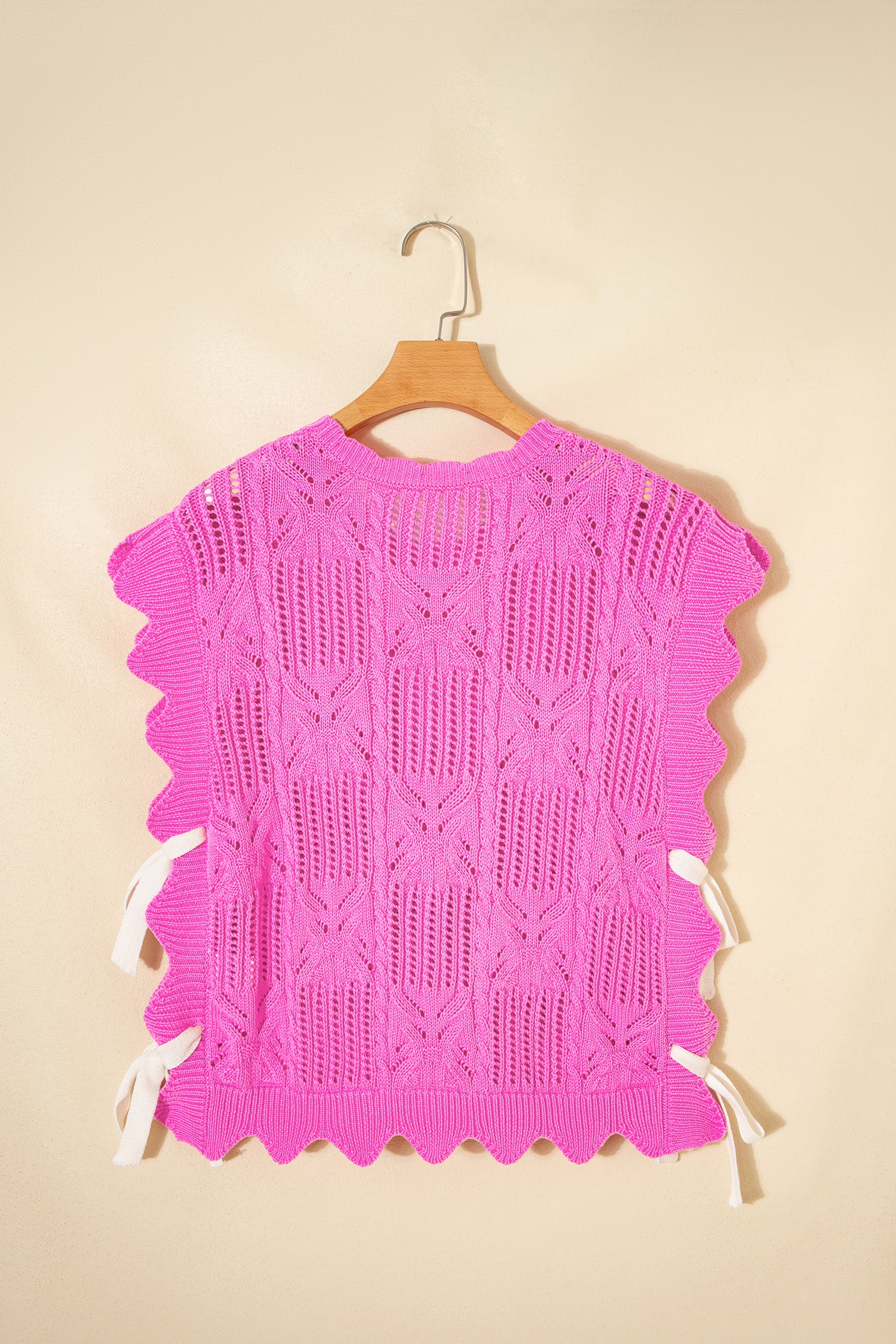 Lavendar Lane Clothing short sleeve sweater with pointelle knit pattern and scalloped trim, stylish and lightweight for casual wear.
