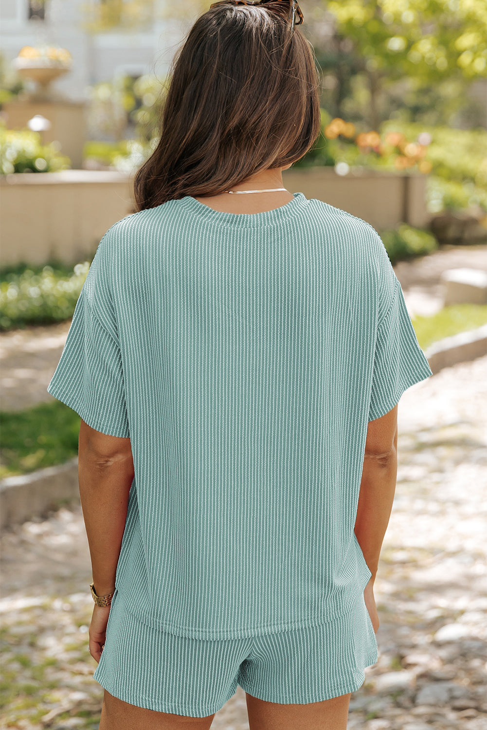Iceland Blue Ribbed Textured Knit Loose Fit Top and Shorts Set