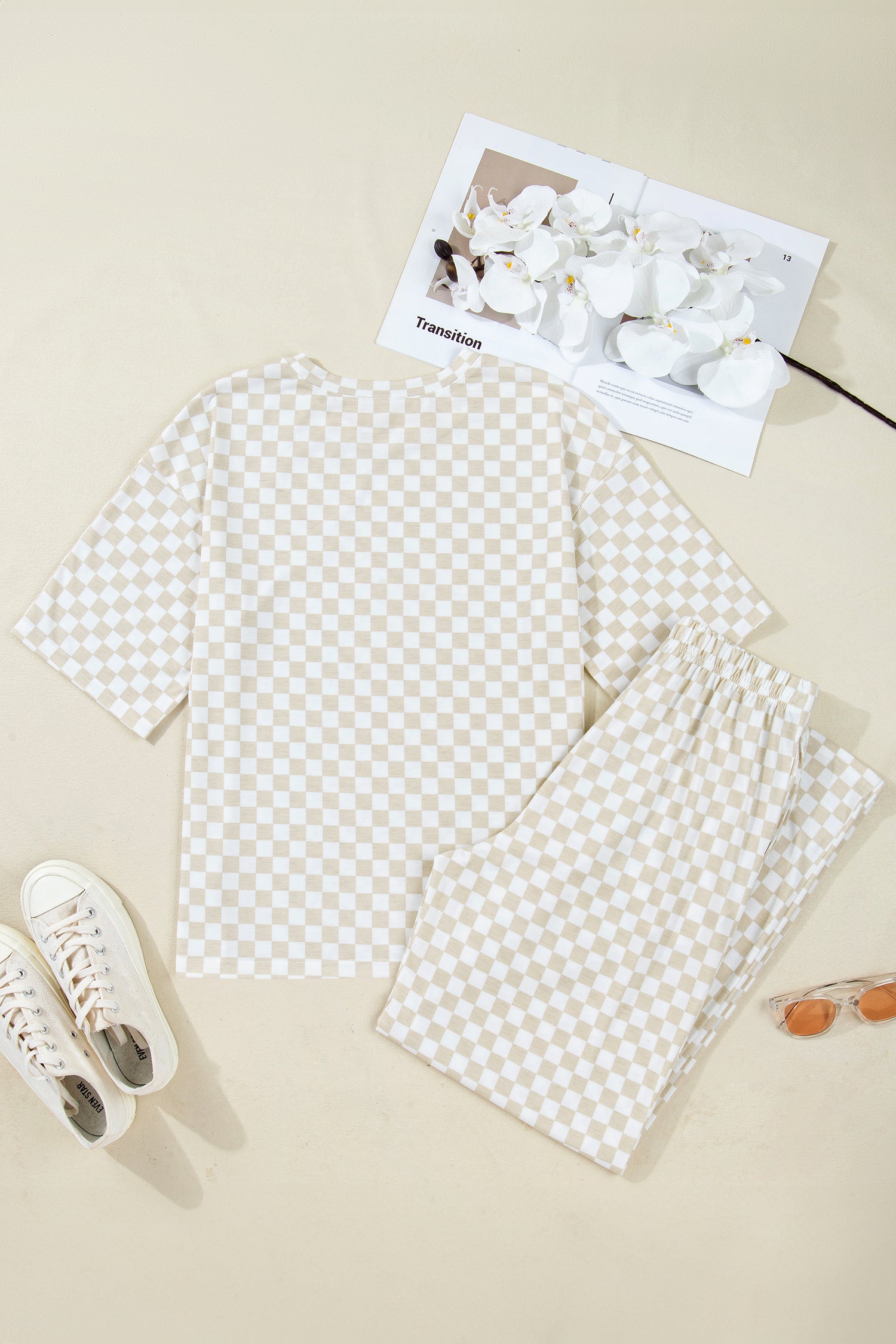Lavendar Lane Clothing khaki checkered print half sleeve tee and lounge pant set, comfortable loungewear and sleepwear for women.