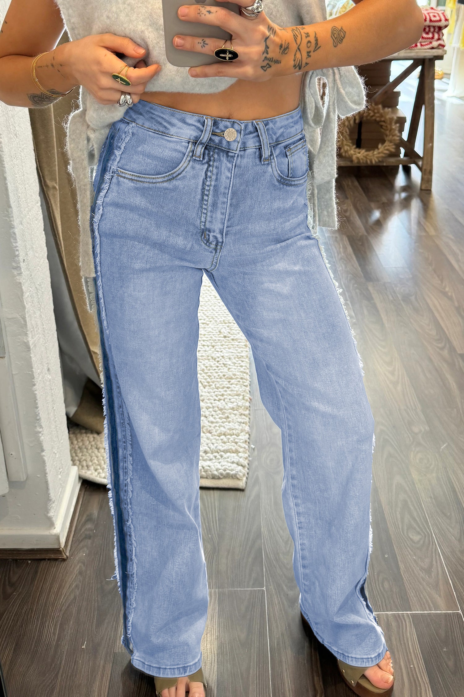 Lavendar Lane Clothing Beau Blue contrast stripe frayed side panel patchwork shift jeans, denim bottoms with stylish details