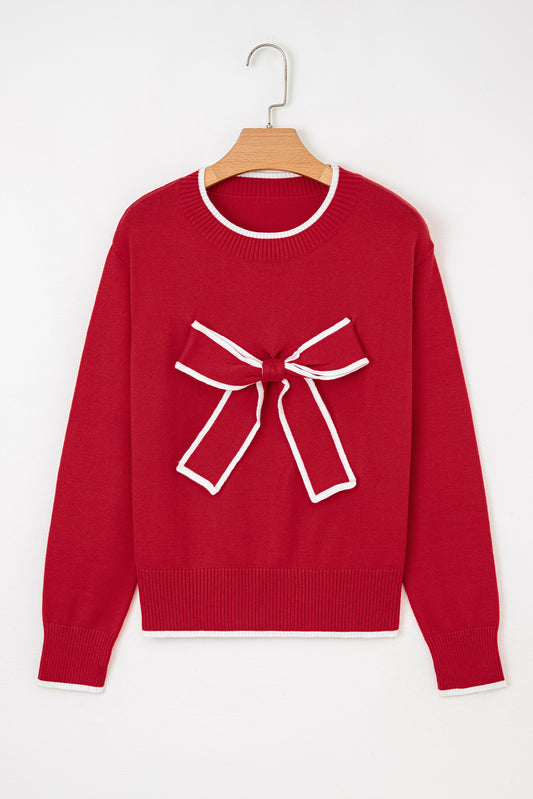 Fiery Red Contrast Trim Big Bow Accent Holiday Cropped Sweater