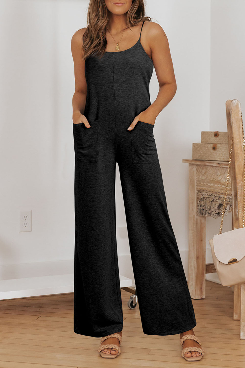 Black Patch Pockets Spaghetti Strap Wide Leg Jumpsuit