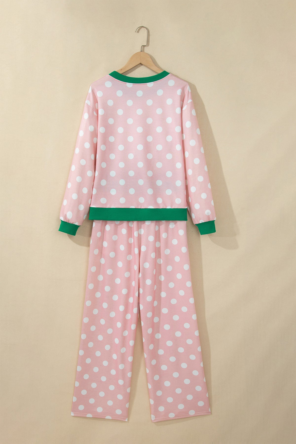 Sky Blue Polka Dot Contrast Trim Long Sleeve Top Drawstring Shift Pants Set