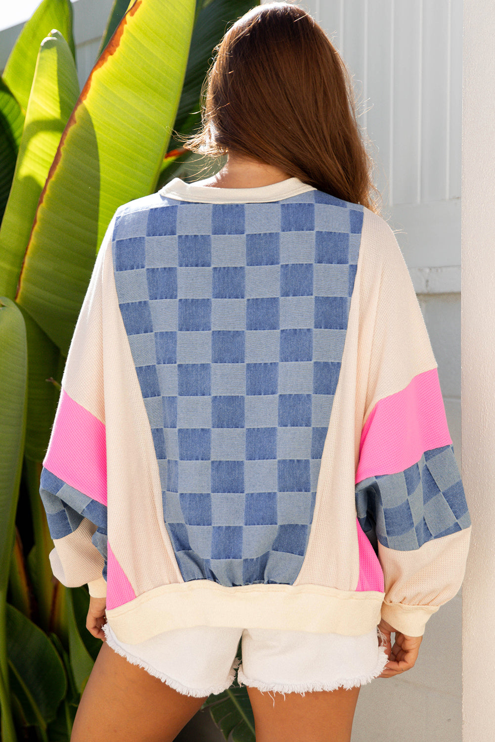 Sky Blue Oversized Checkered Denim Exposed Seam Patchwork Casual Top