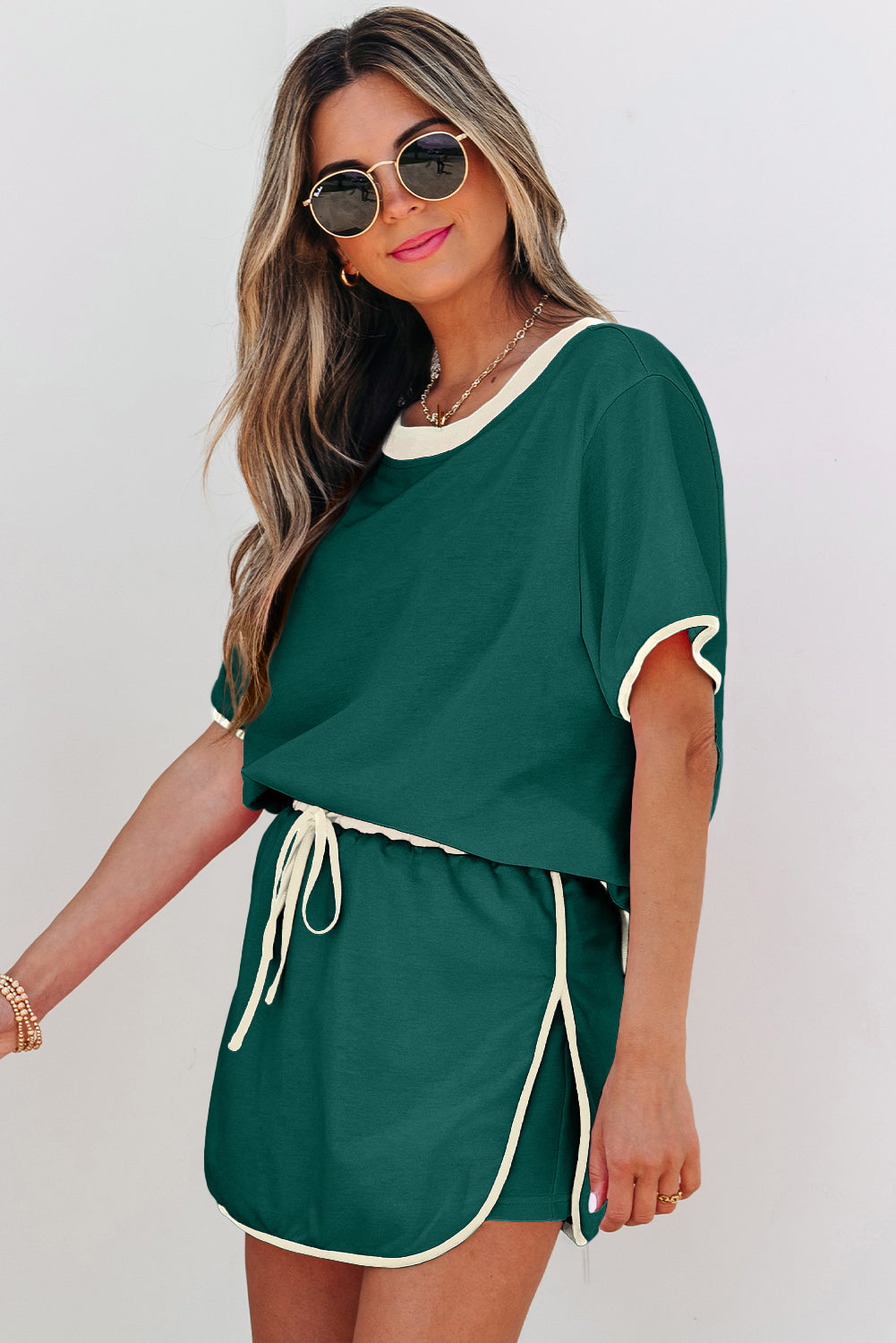 Evergreen Colorblock Edge Drop Shoulder Top and Skort-2Pcs Set