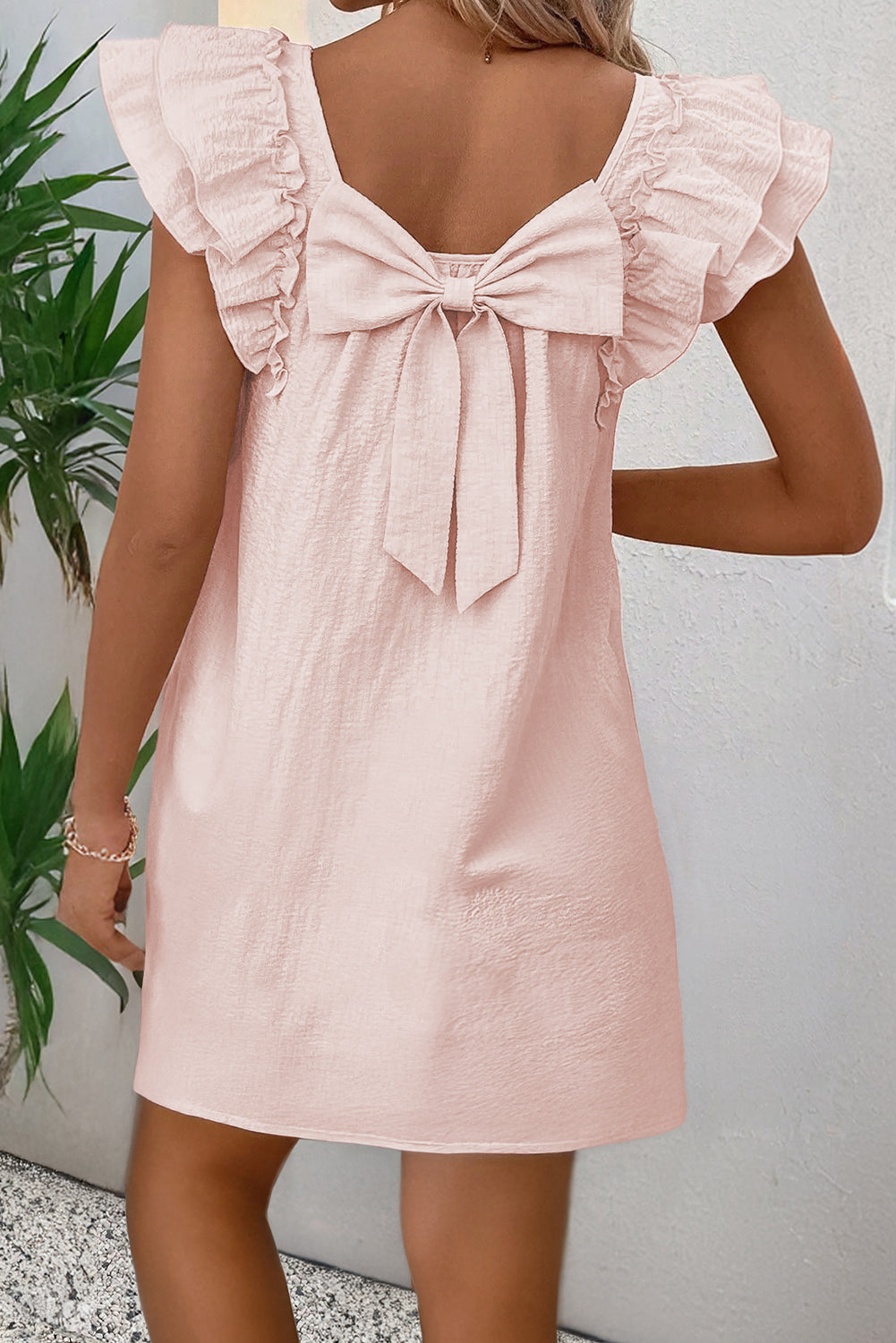 Light Pink Textured Flutter Sleeve Square Neck Bow Back Dress