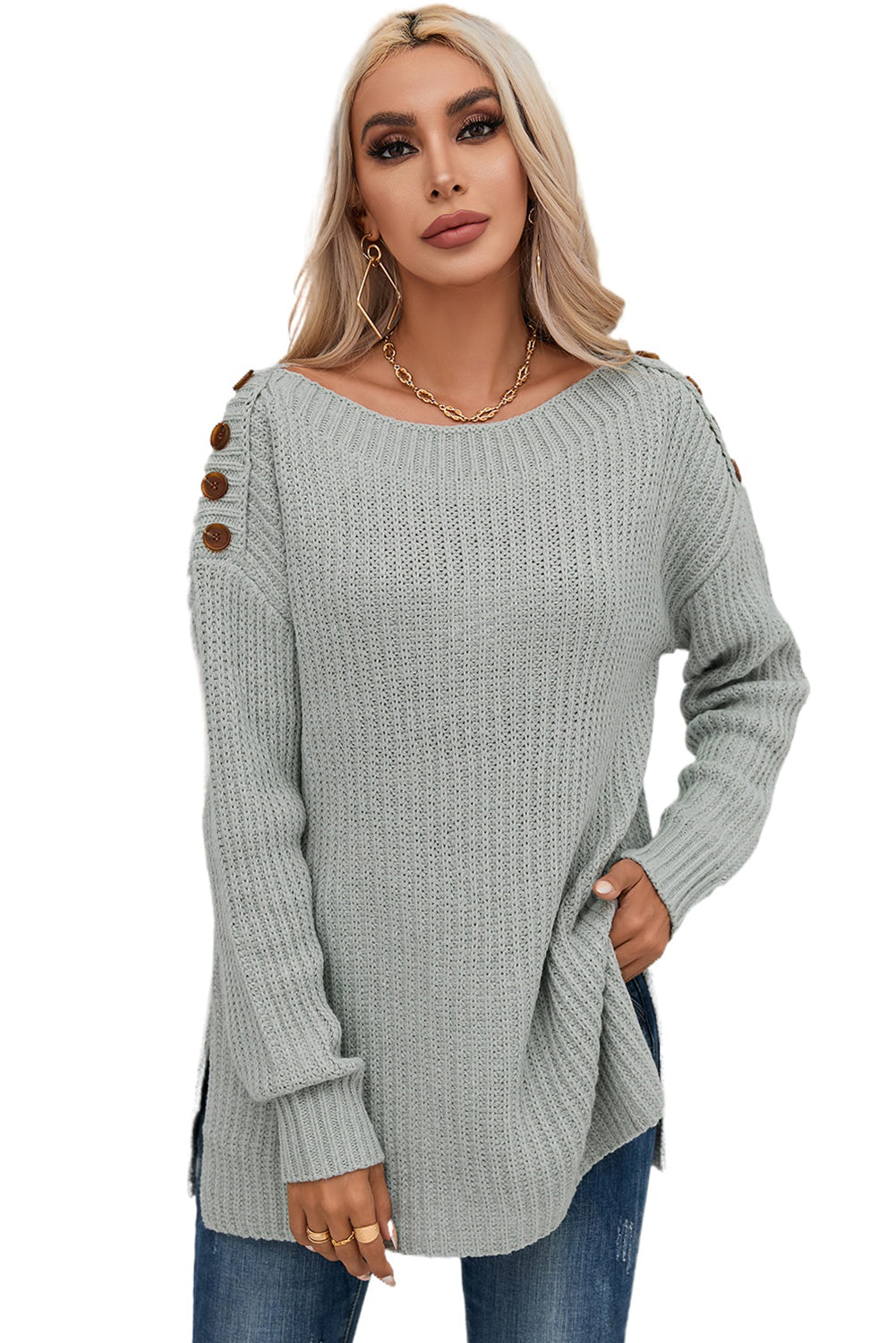 Gray Buttoned Drop Shoulder Oversized Sweater