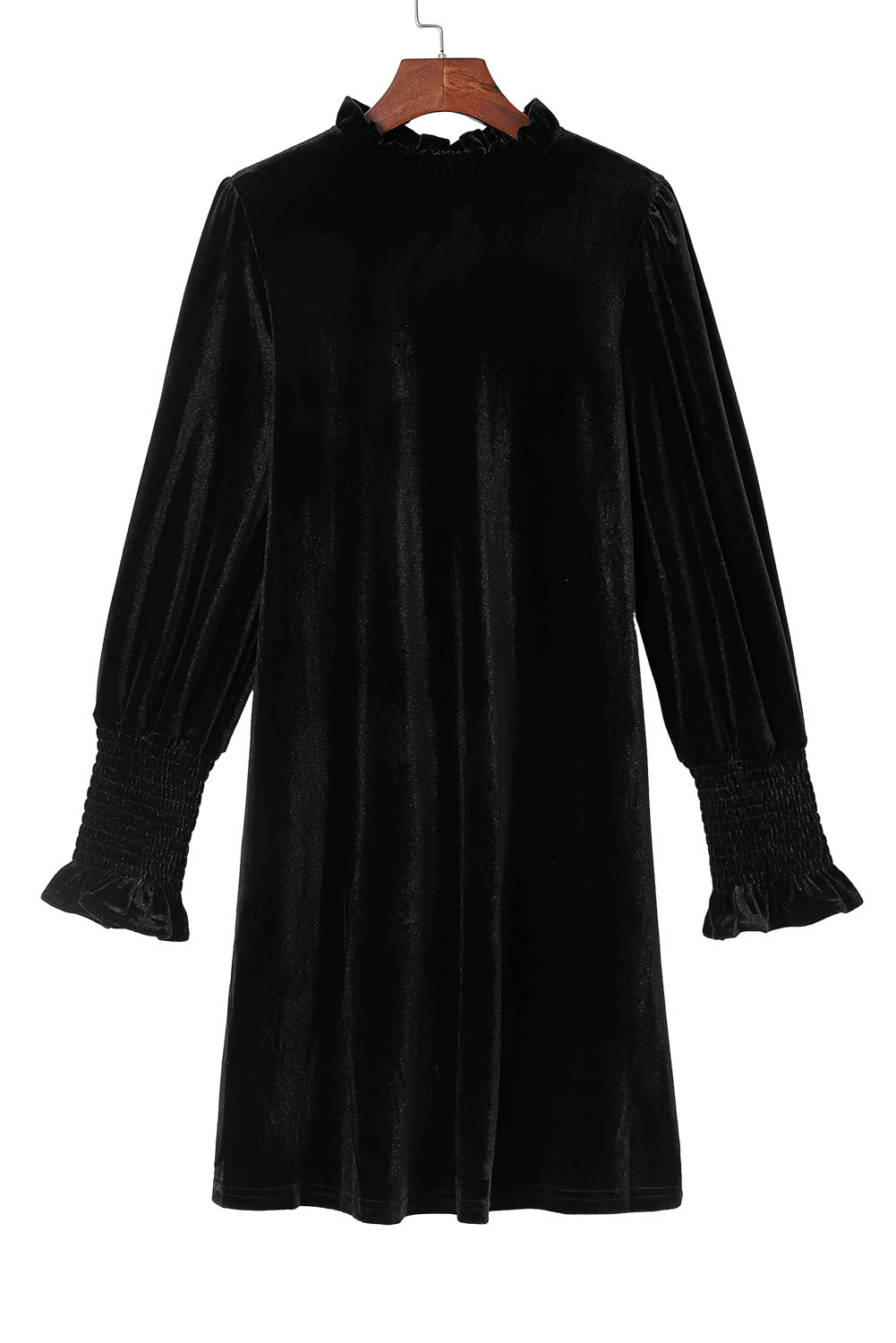 Black Velvet Frill Neck Long Sleeve Shift Dress