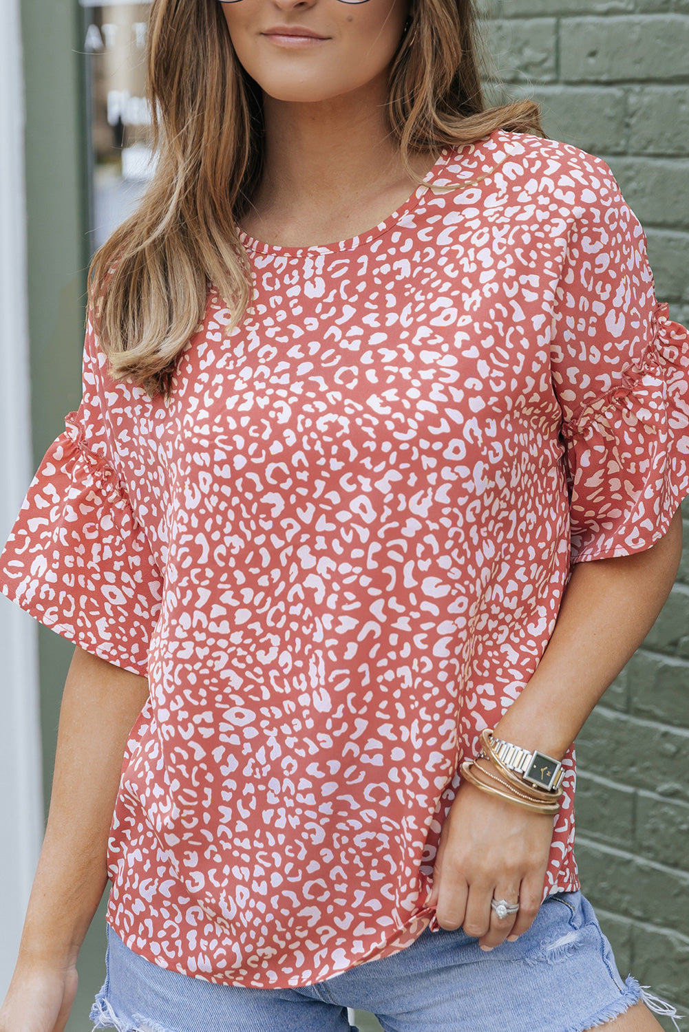 Pink Leopard Spotted Ruffle Sleeve Blouse