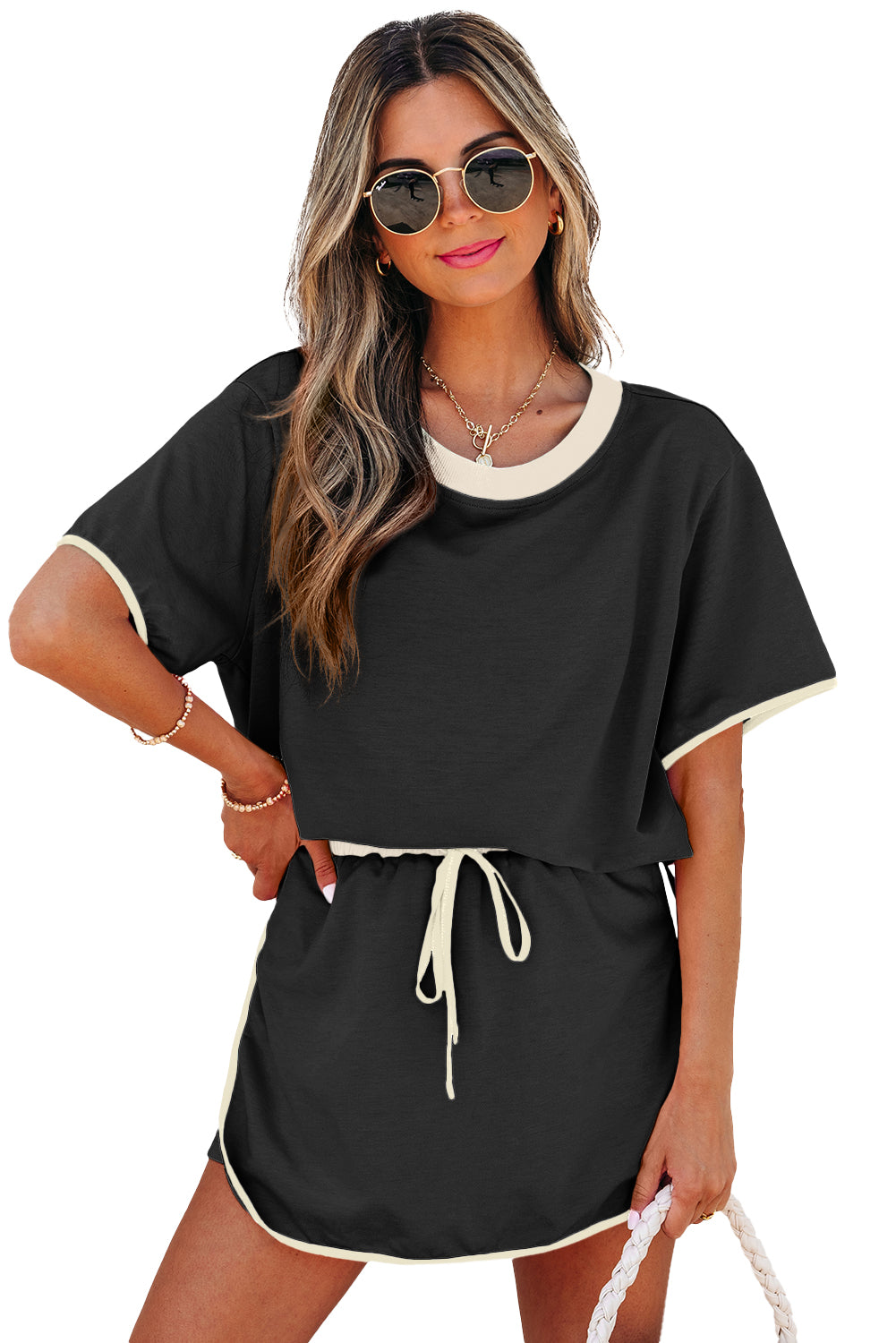 Black Colorblock Edge Drop Shoulder Top and Skort 2Pcs Set