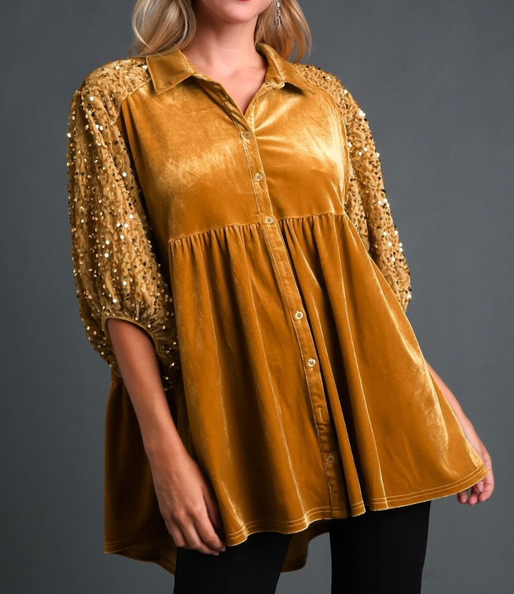 Umgee Sequin Detail Tiered Back Half Sleeve Shirt-Variety of Colors