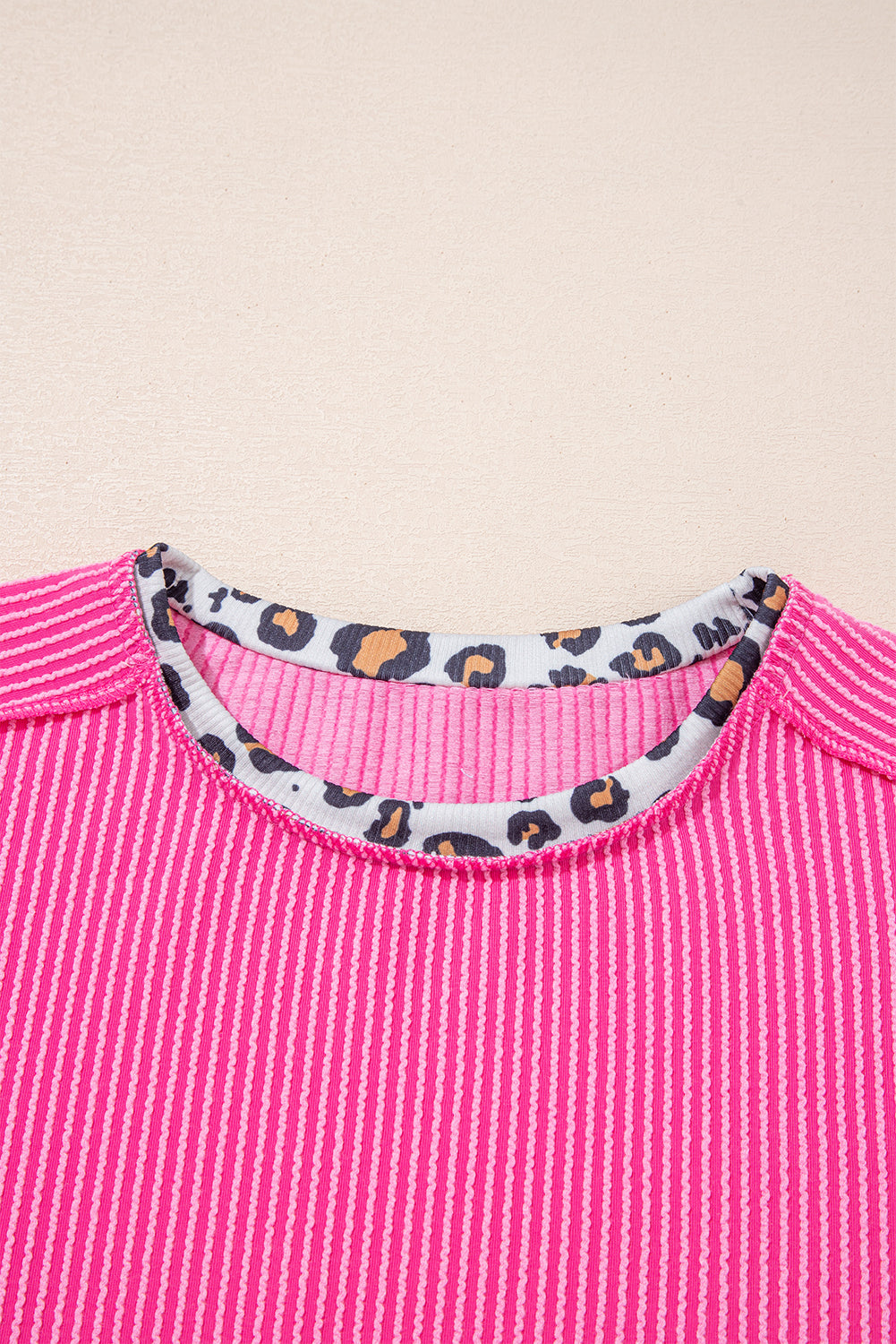 Bonbon Leopard Patchwork Corded Knit Crew Neck Top