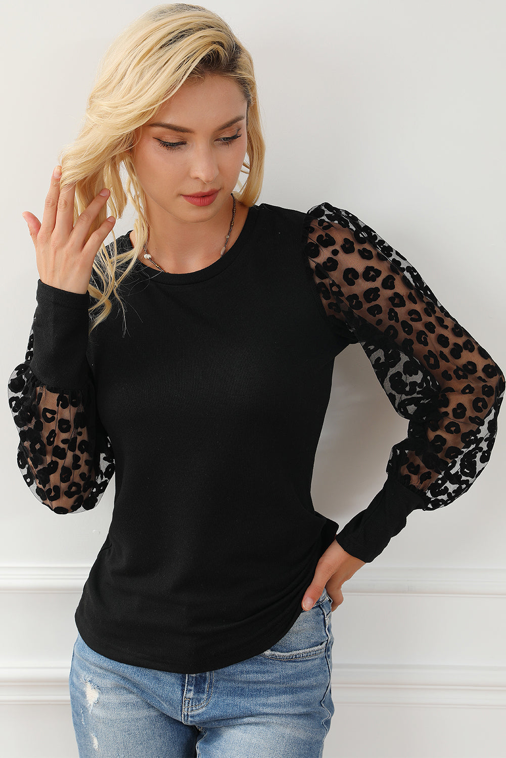 Black Leopard Mesh Puff Sleeve Patchwork Slim Fit Top