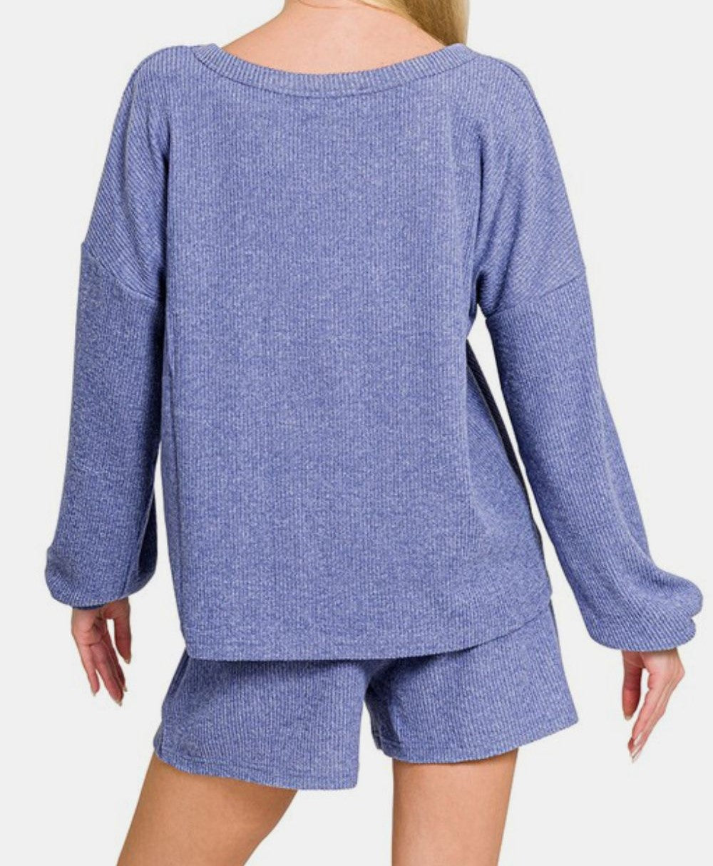 Zenana V-Neck Long Sleeve Ribbed Top and Shorts Set-Variety of Colors