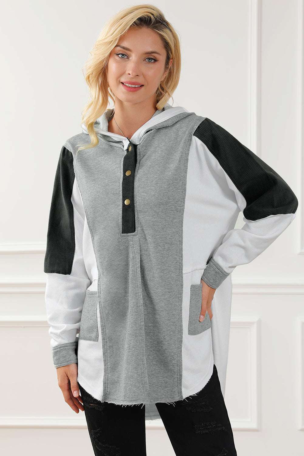 Gray Color Block Exposed Seam Buttoned Neckline Hoodie