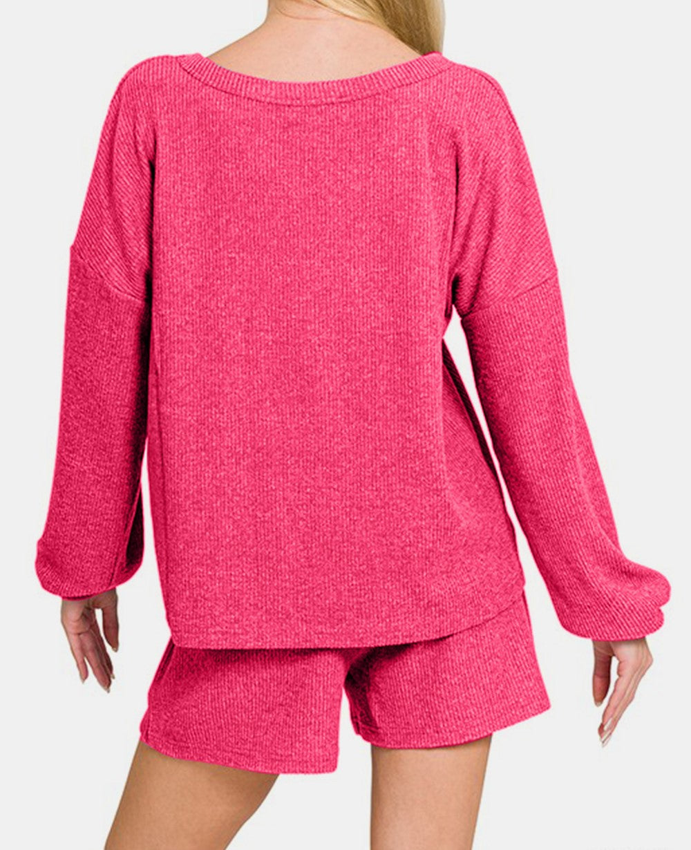 Zenana V-Neck Long Sleeve Ribbed Top and Shorts Set-Variety of Colors