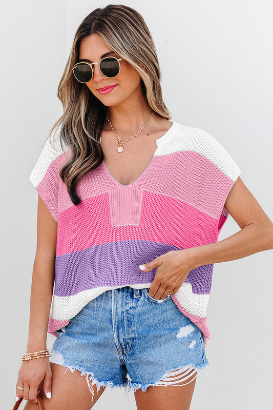 Pink Color Block Notch V Neck Sweater Top