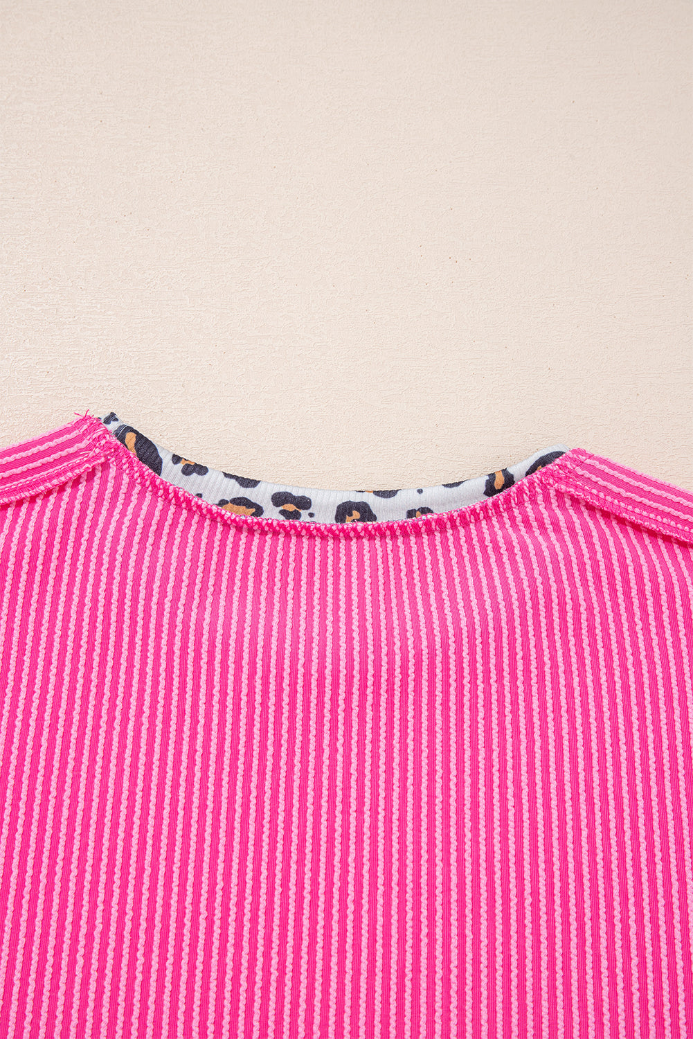 Bonbon Leopard Patchwork Corded Knit Crew Neck Top